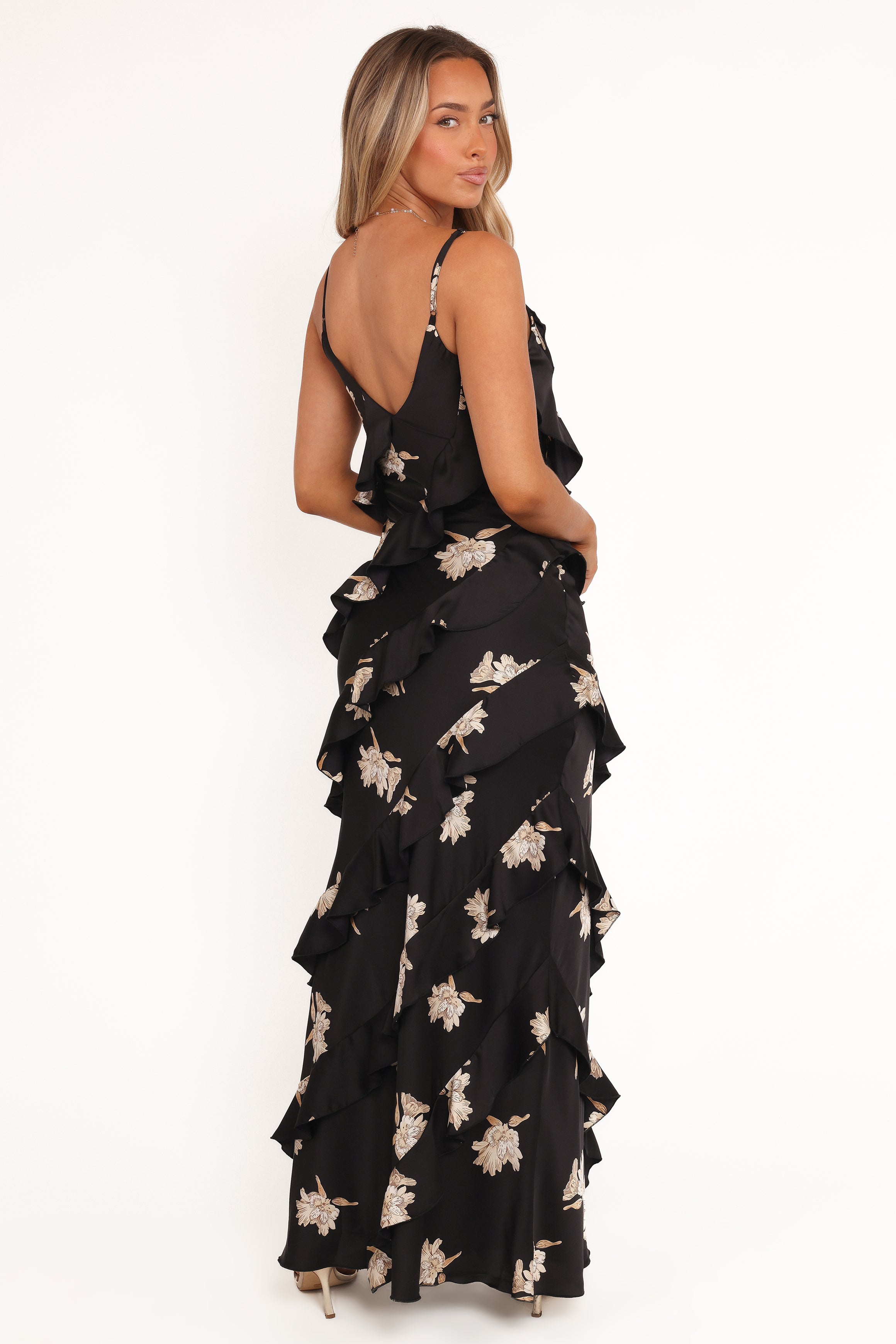 DRESSES Ciao Ruffles Maxi Satin Dress - Black Floral