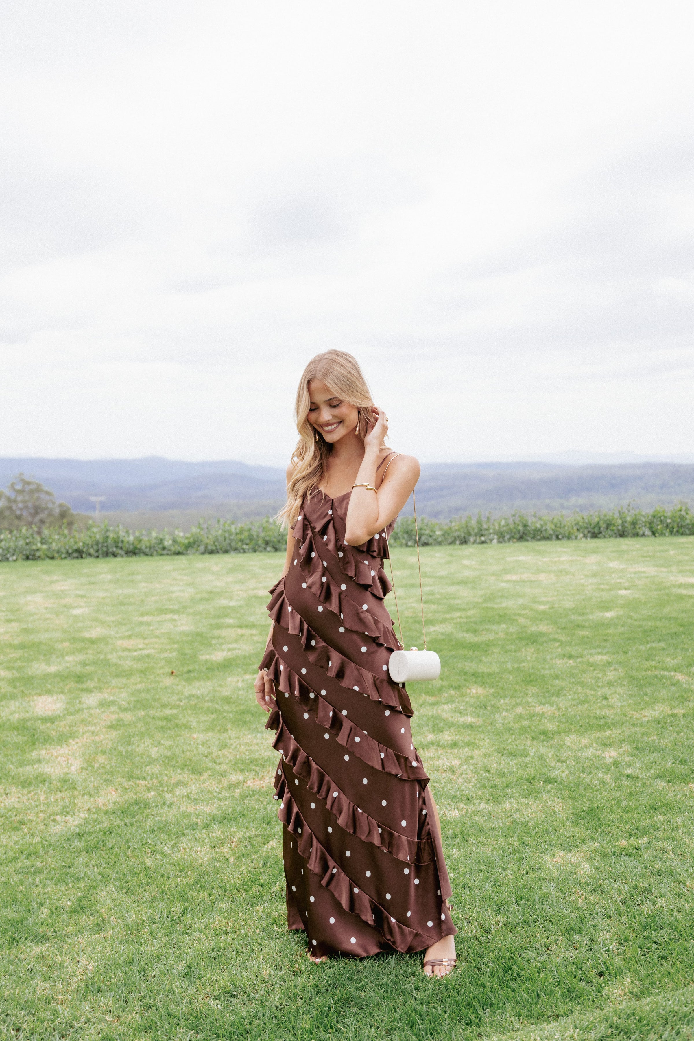 DRESSES Ciao Ruffles Maxi Satin Dress - Brown Polka Dot