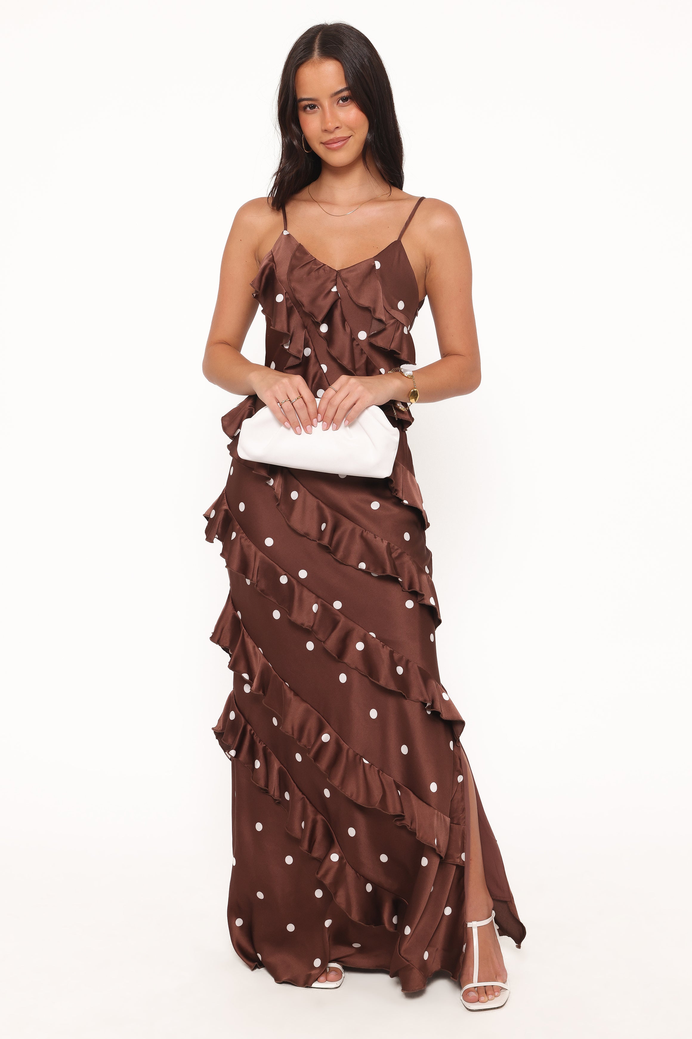 DRESSES Ciao Ruffles Maxi Satin Dress - Brown Polka Dot