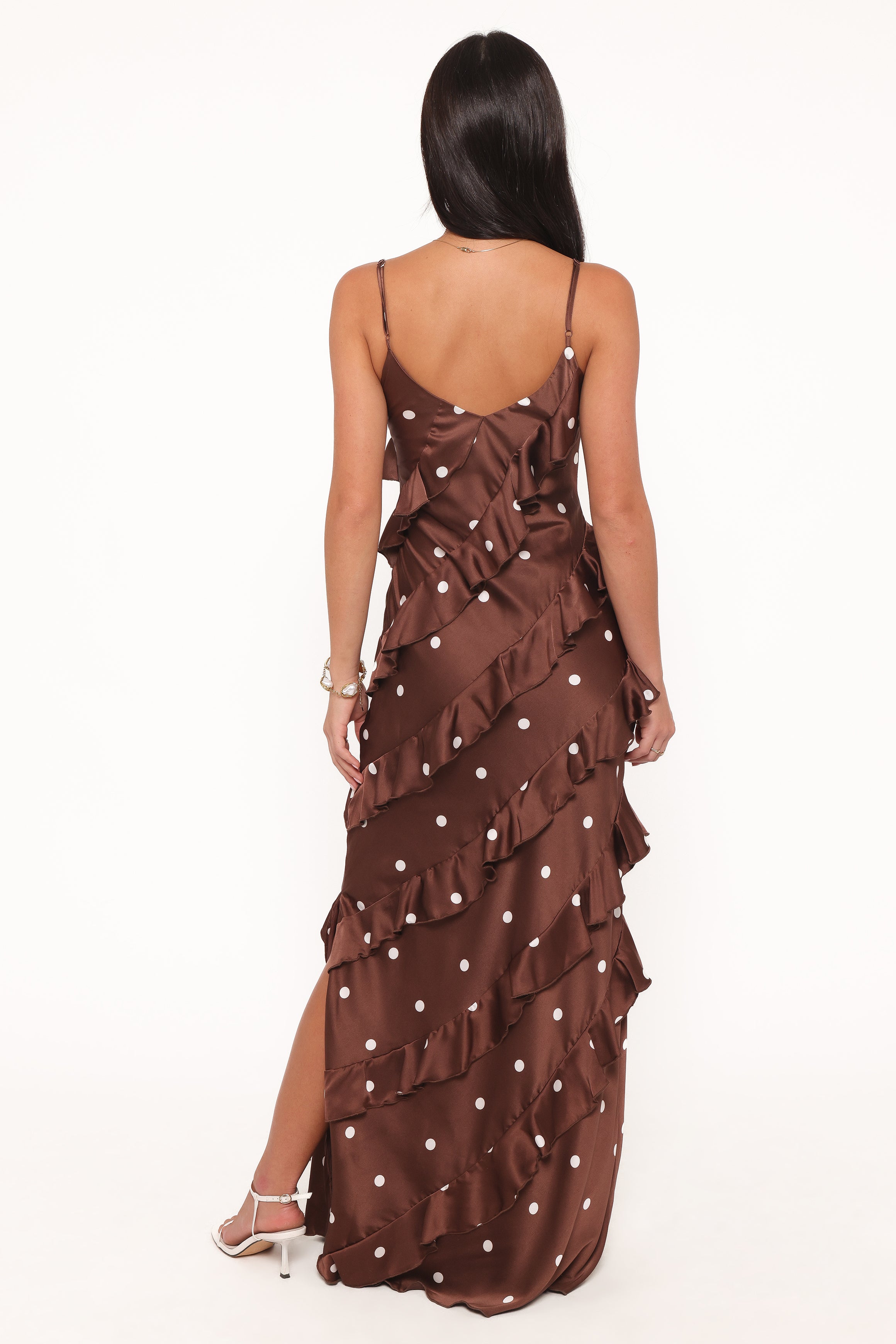 DRESSES Ciao Ruffles Maxi Satin Dress - Brown Polka Dot