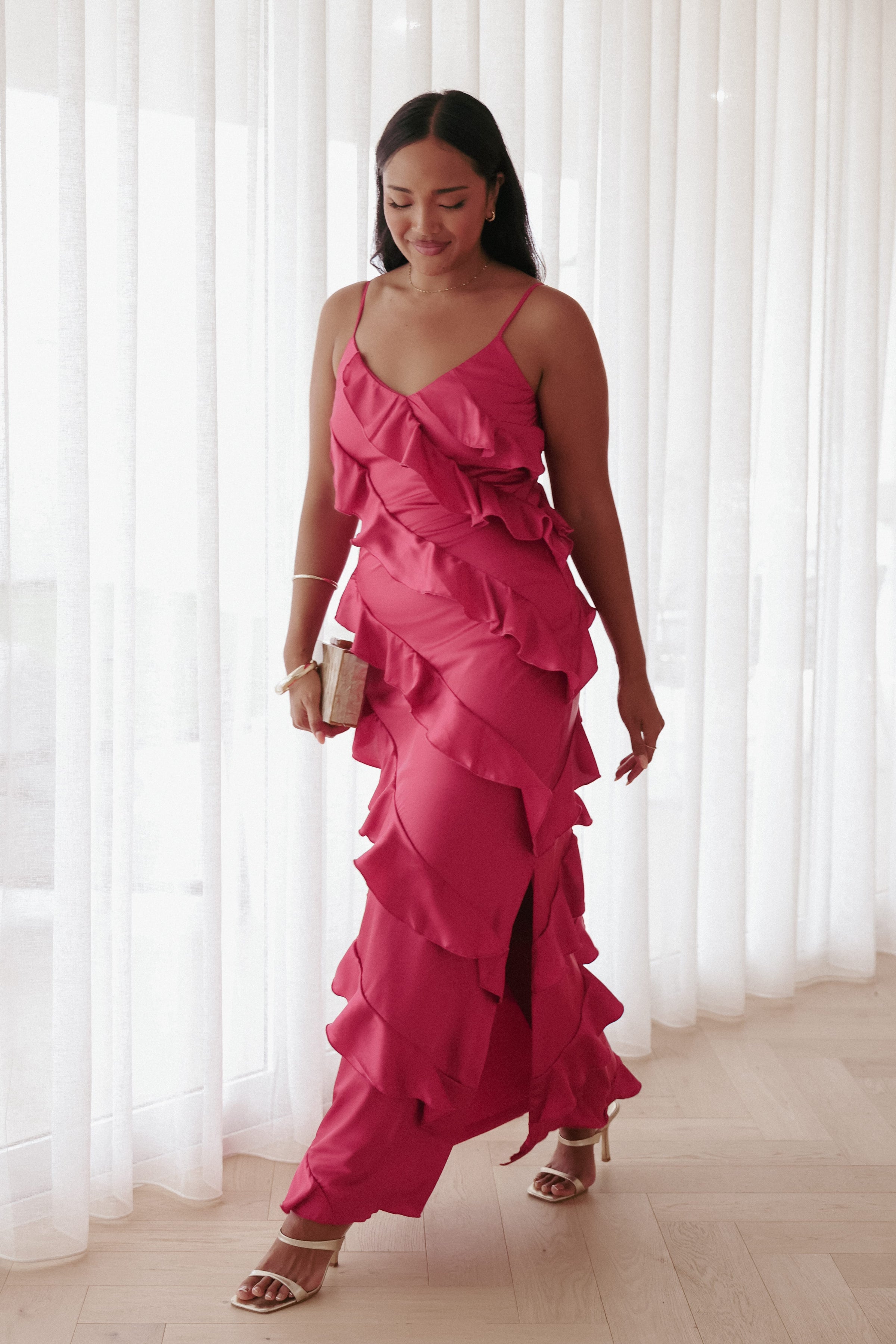 DRESSES Ciao Ruffles Maxi Satin Dress - Fuchsia
