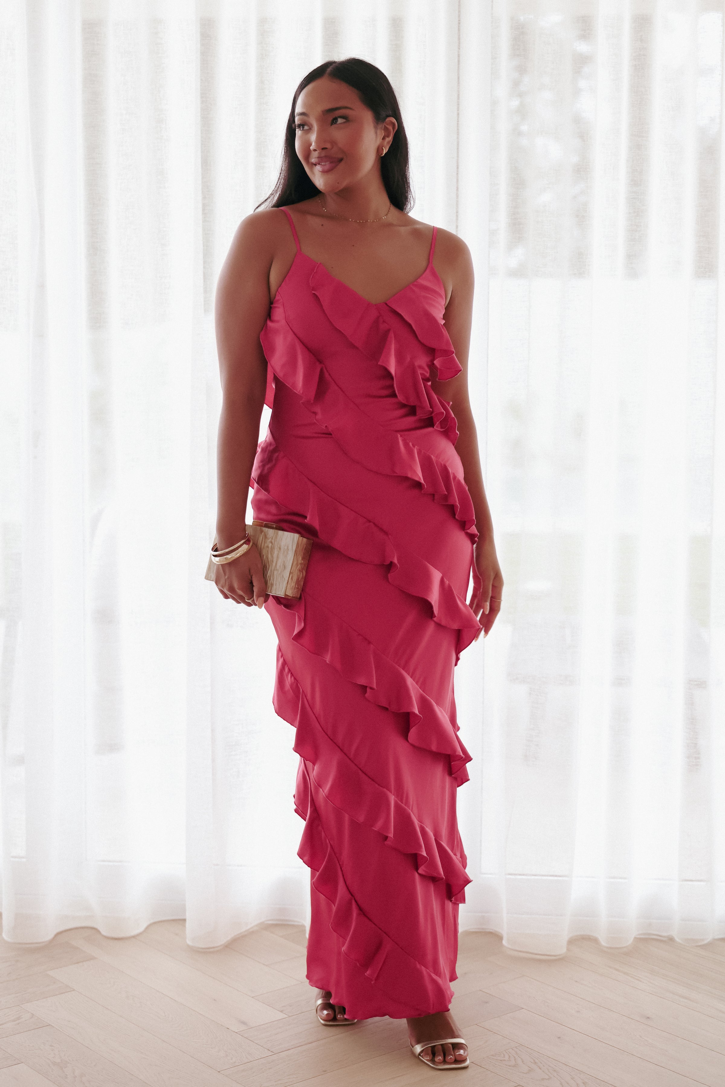 DRESSES Ciao Ruffles Maxi Satin Dress - Fuchsia