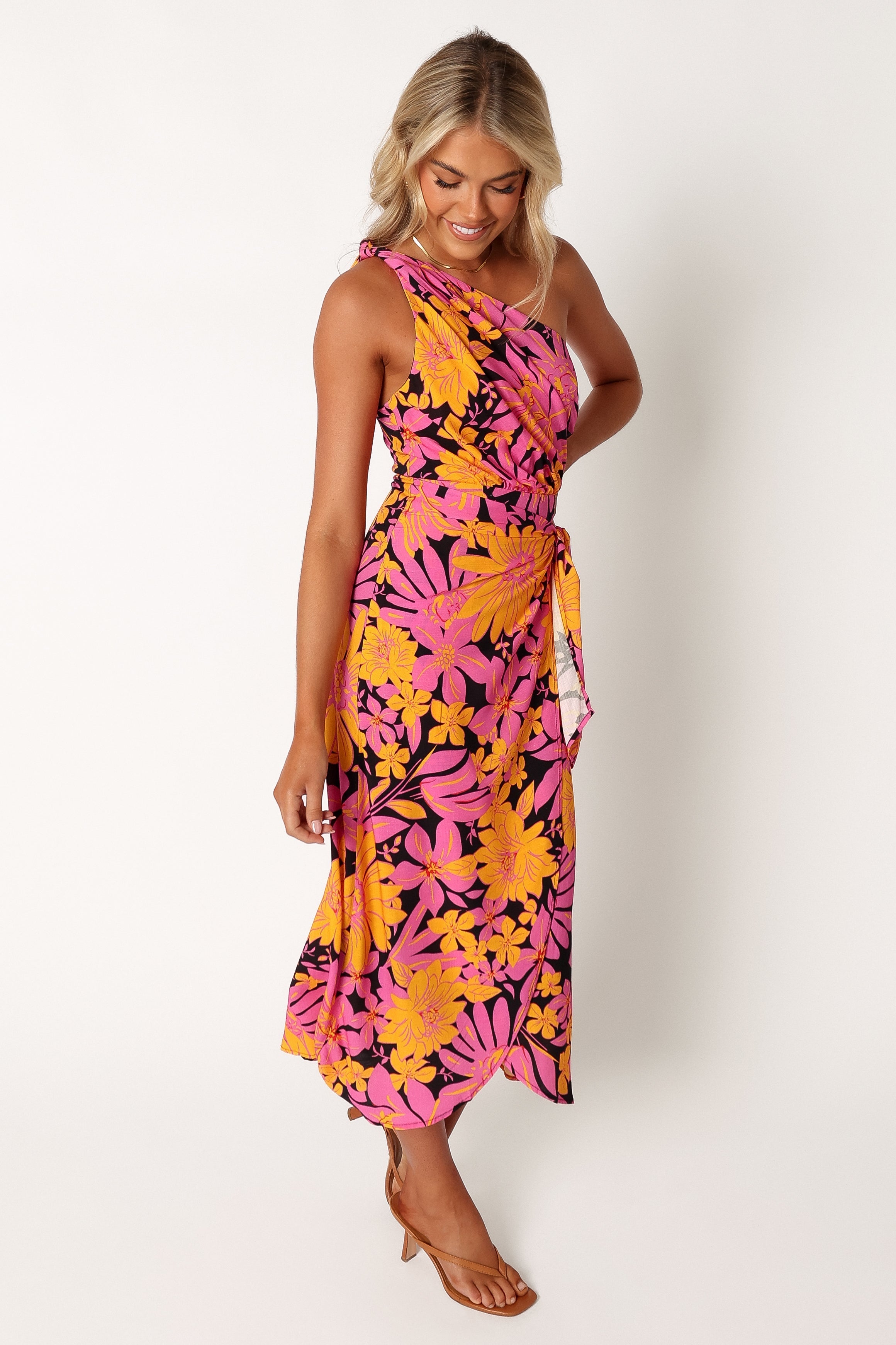 DRESSES @Clara One Shoulder Midi Dress - Black Floral