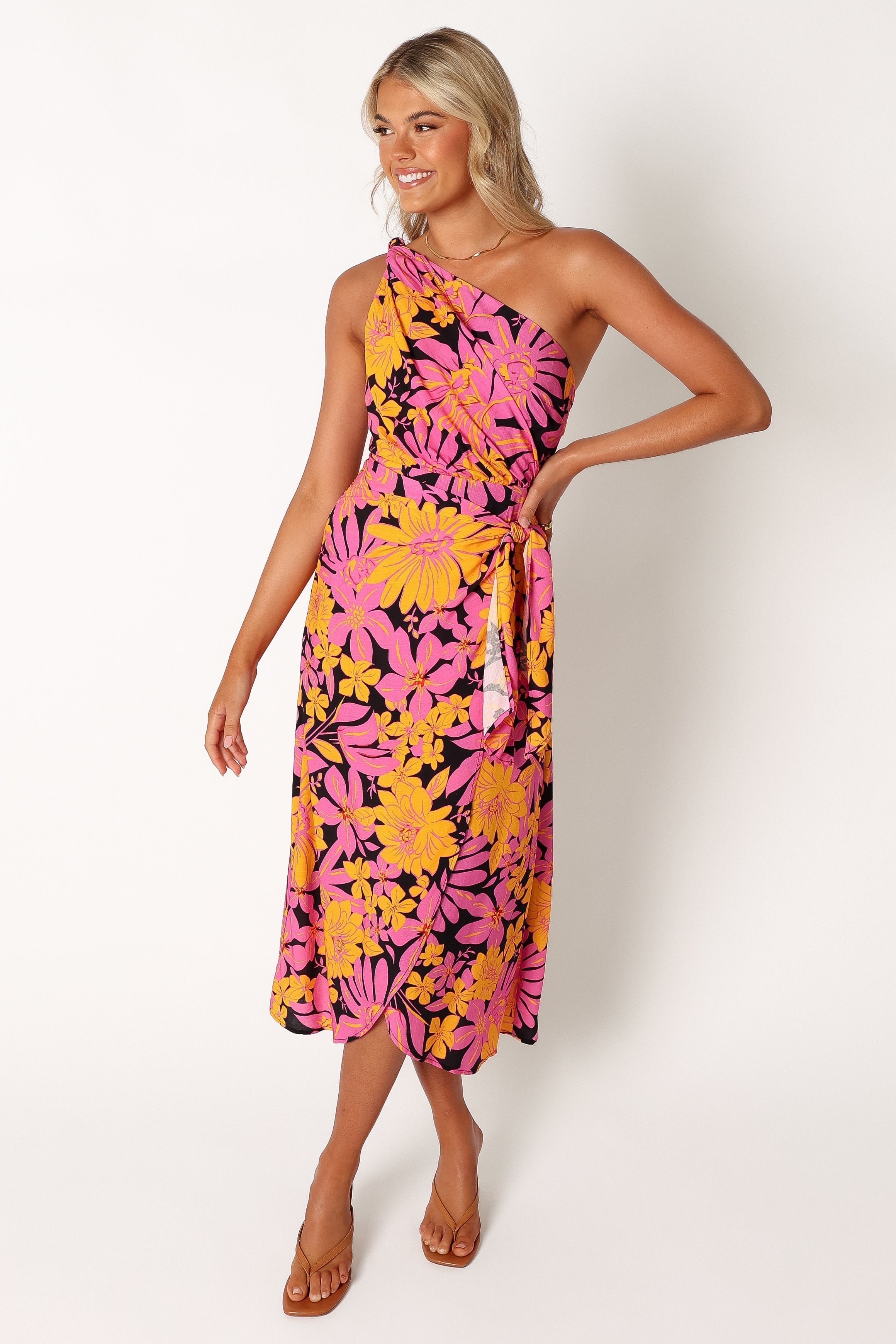 DRESSES @Clara One Shoulder Midi Dress - Black Floral