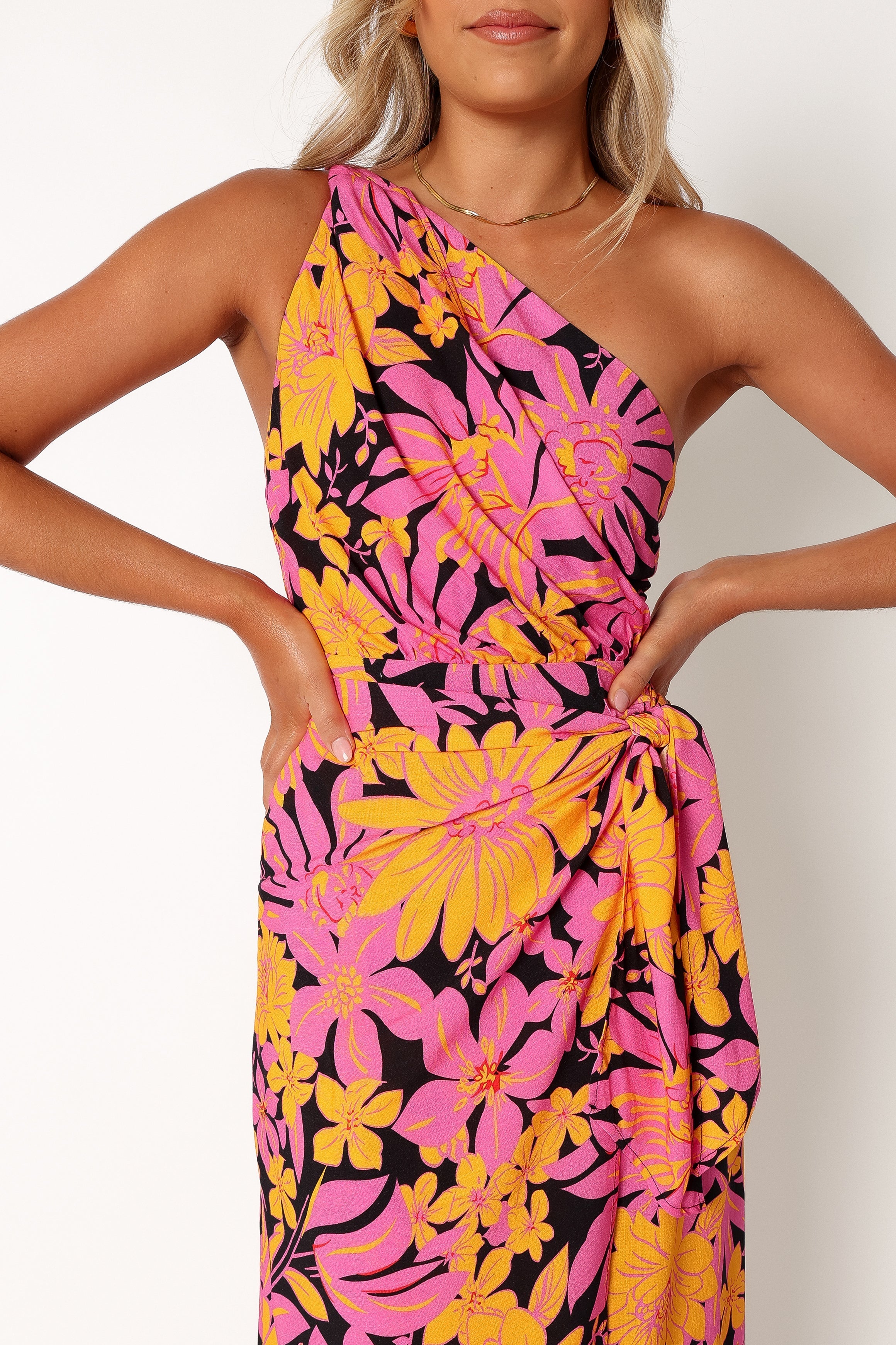 DRESSES @Clara One Shoulder Midi Dress - Black Floral