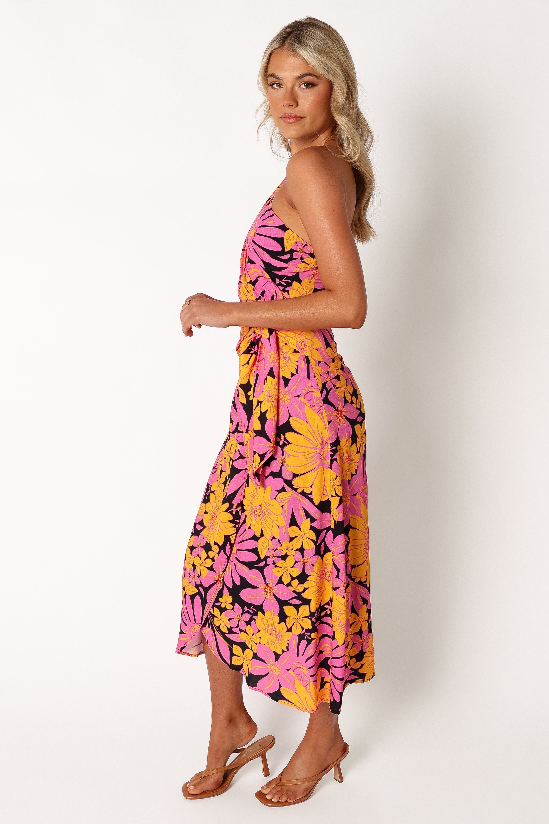 DRESSES @Clara One Shoulder Midi Dress - Black Floral
