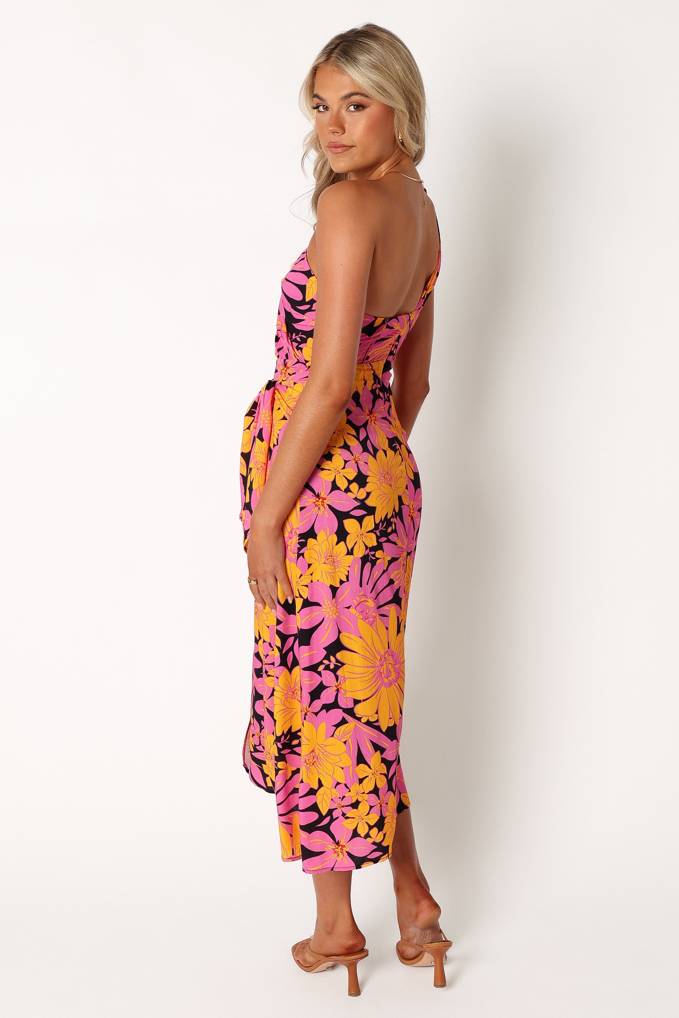 DRESSES @Clara One Shoulder Midi Dress - Black Floral