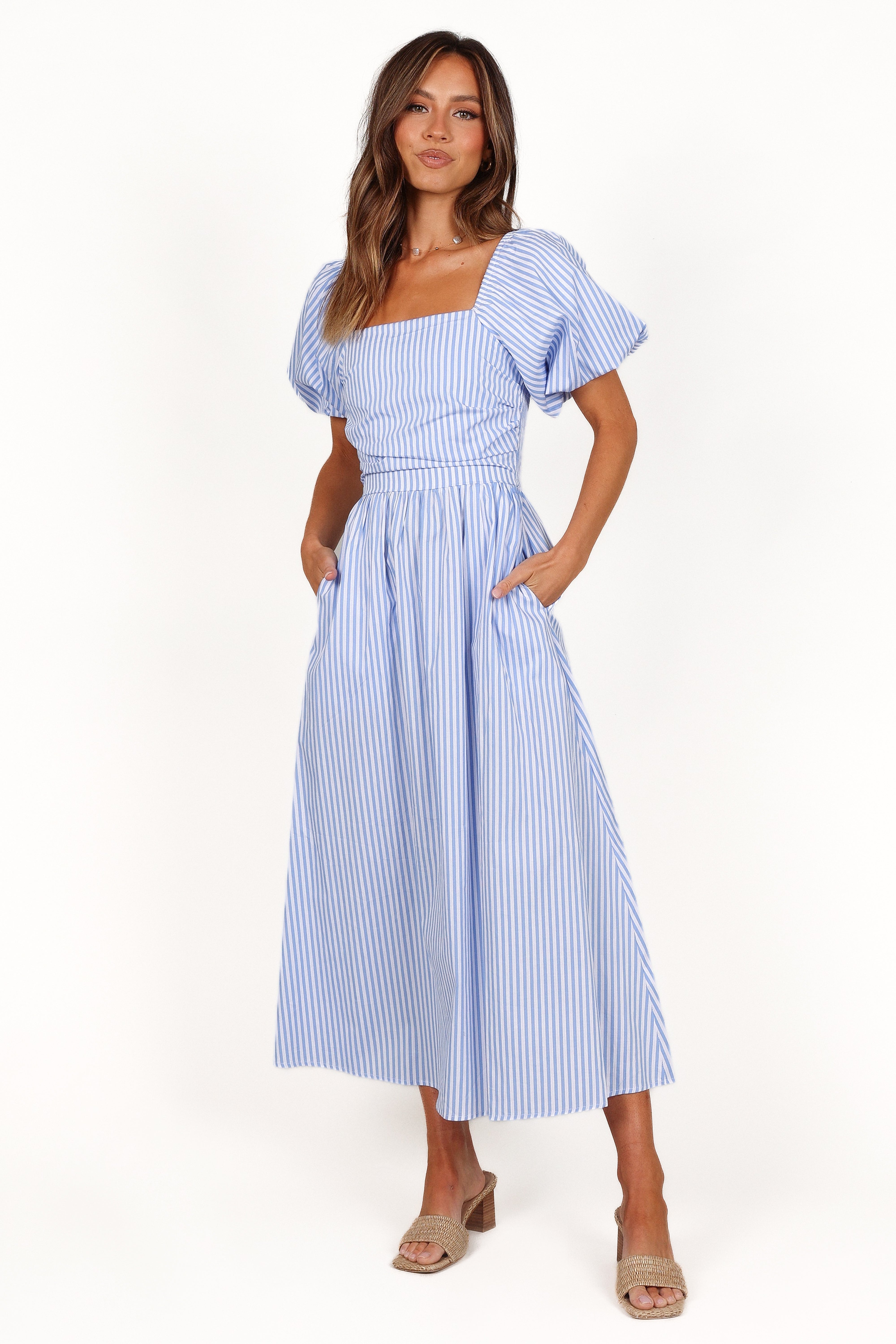 DRESSES Clo Puff Sleeve Midi Dress - Blue Stripe