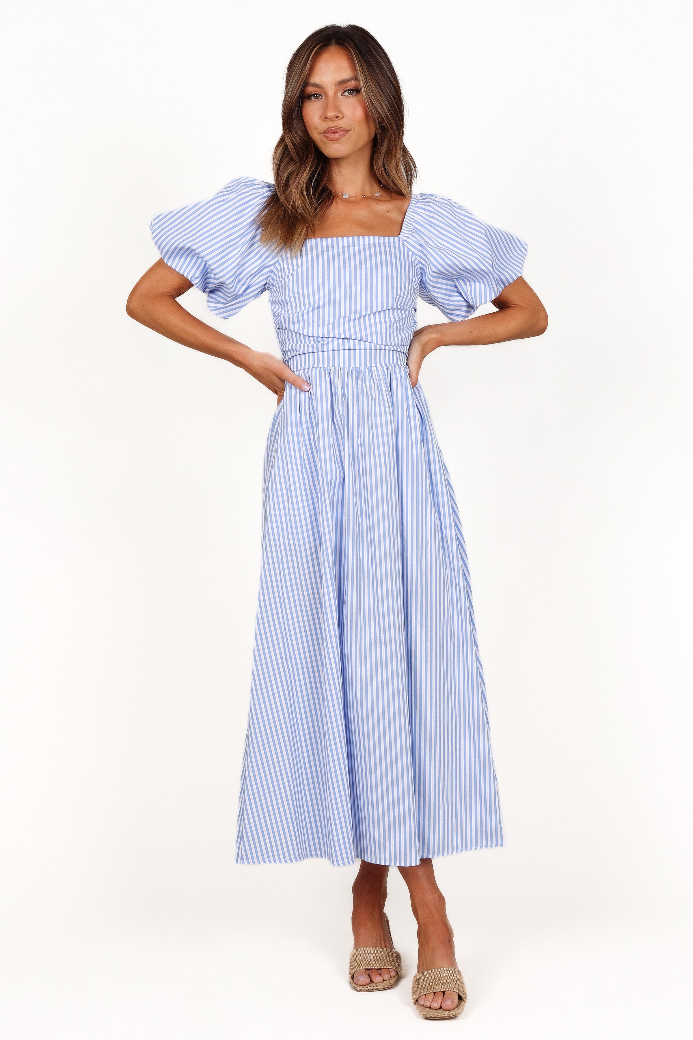 DRESSES Clo Puff Sleeve Midi Dress - Blue Stripe