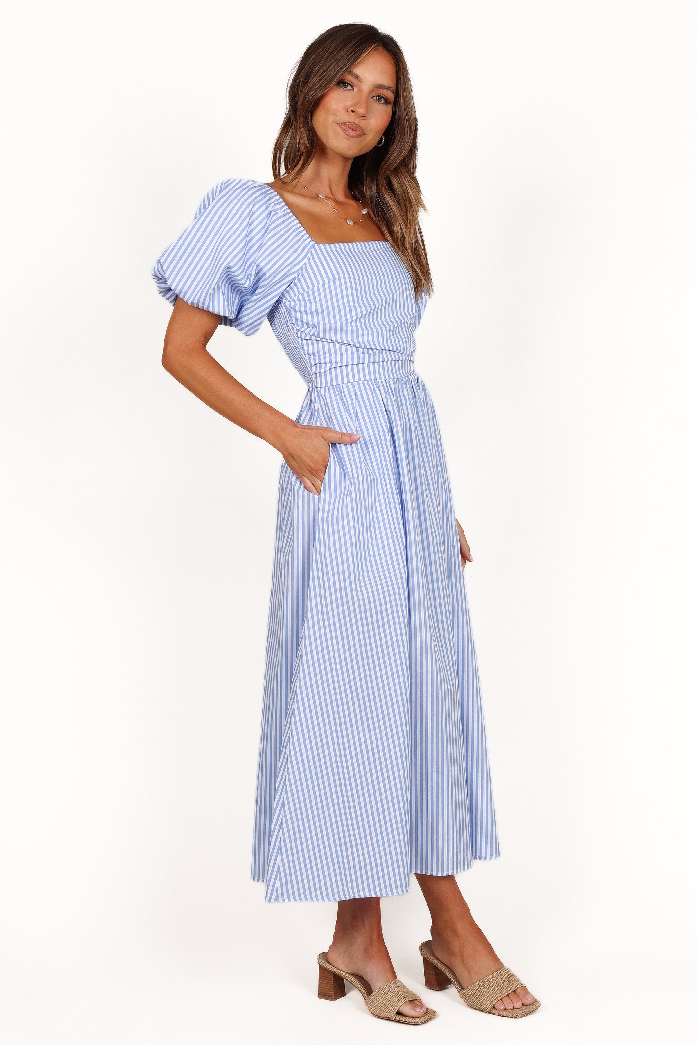 DRESSES Clo Puff Sleeve Midi Dress - Blue Stripe