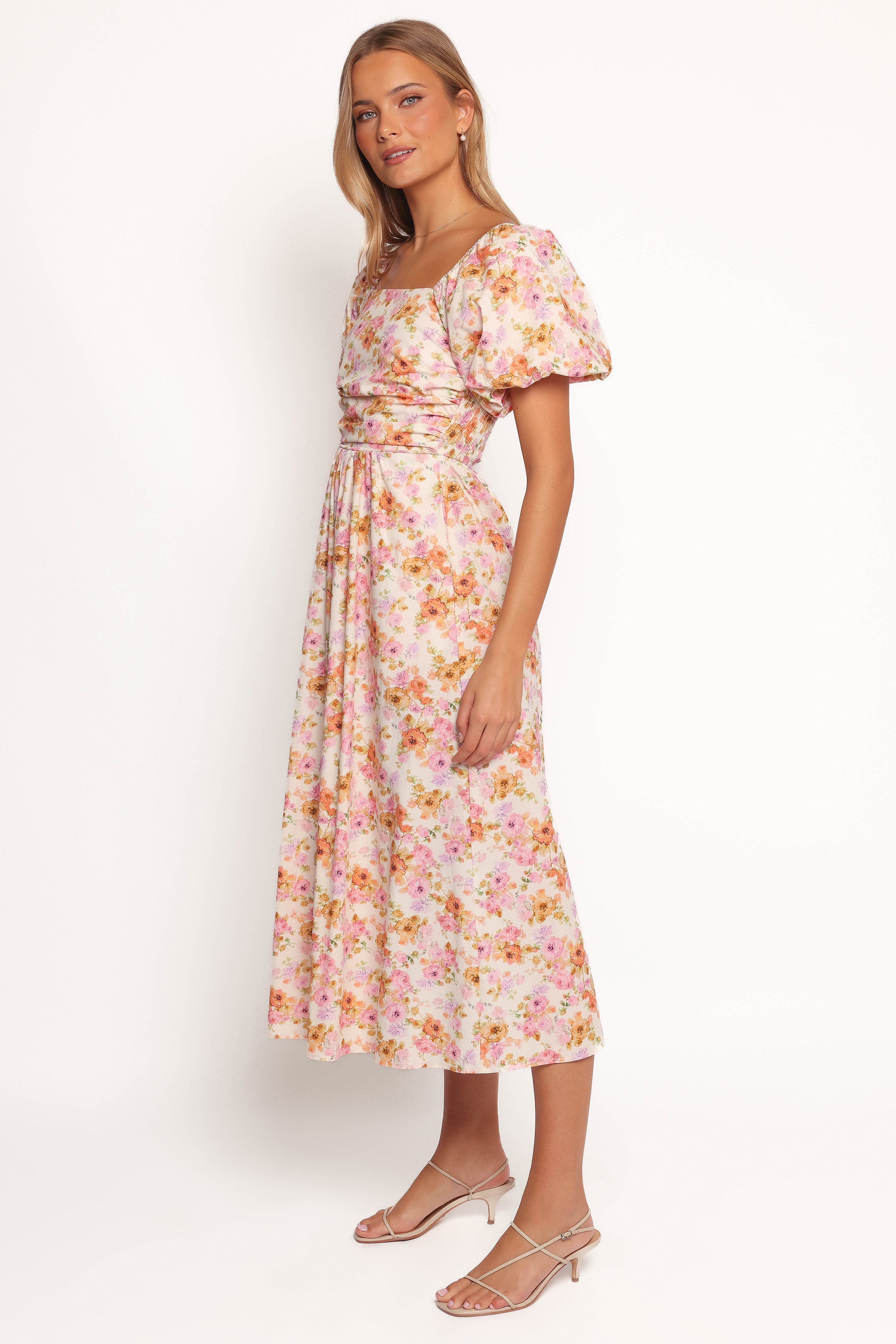 DRESSES Clo Puff Sleeve Midi Dress - Peach Floral