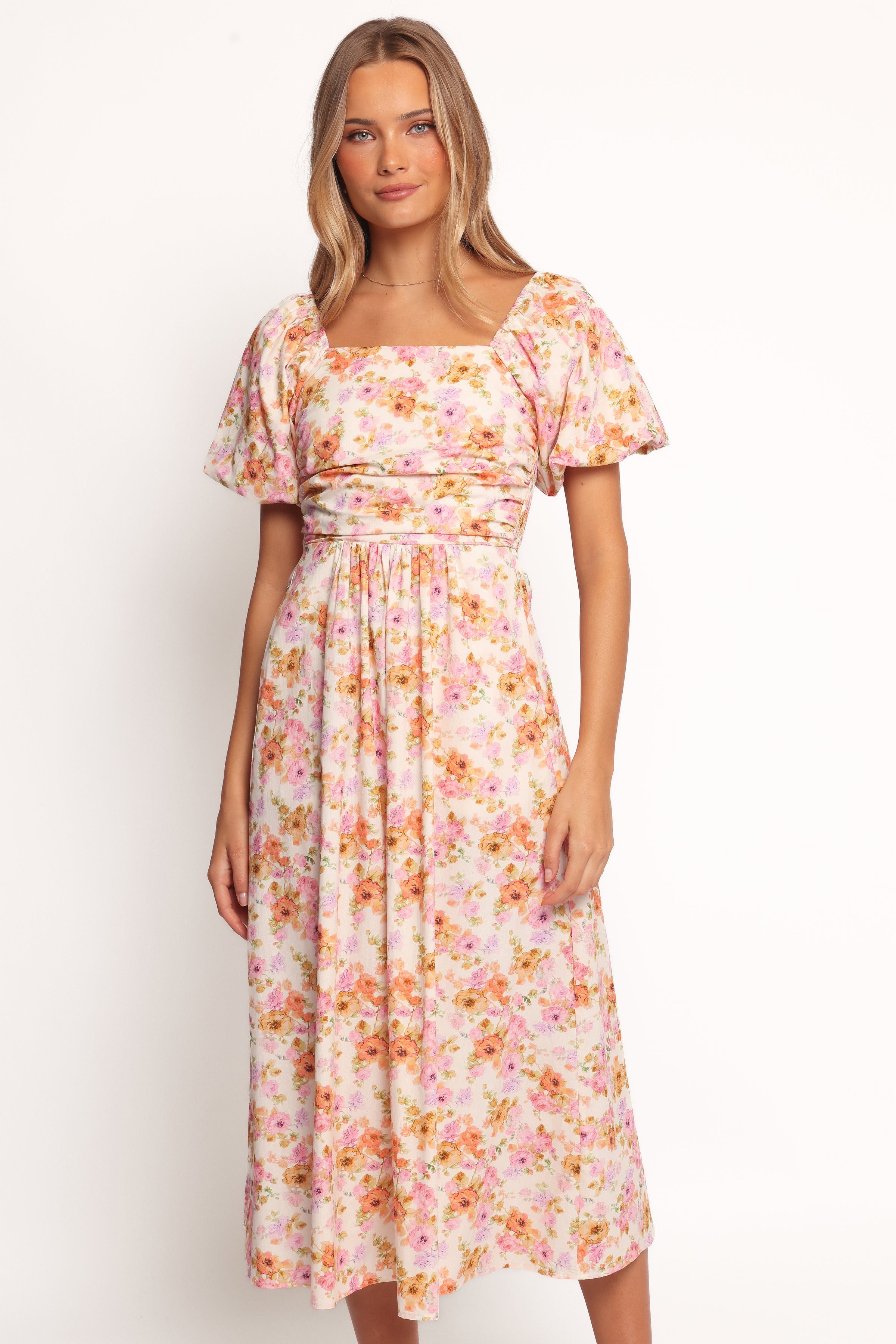 DRESSES Clo Puff Sleeve Midi Dress - Peach Floral