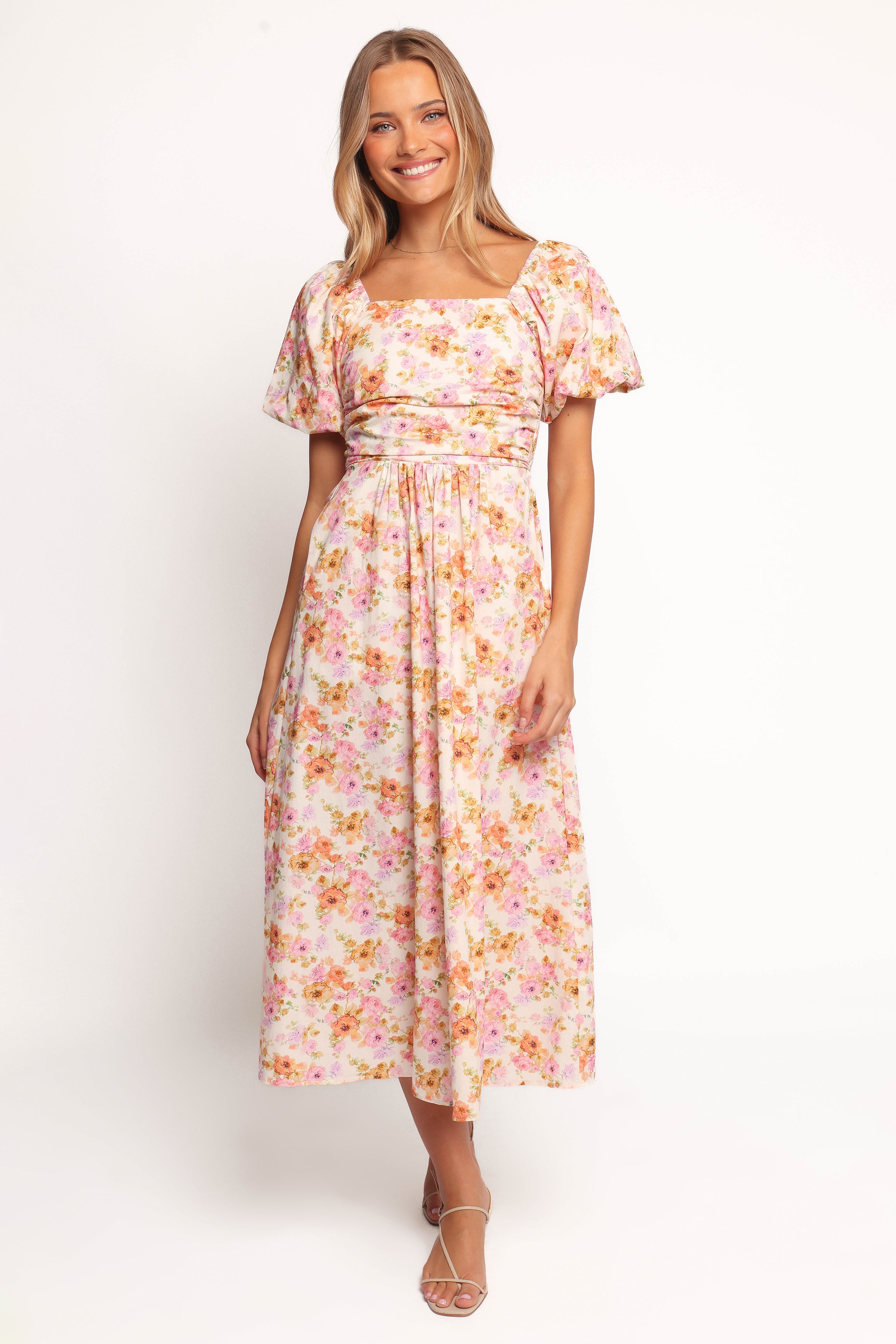 DRESSES Clo Puff Sleeve Midi Dress - Peach Floral