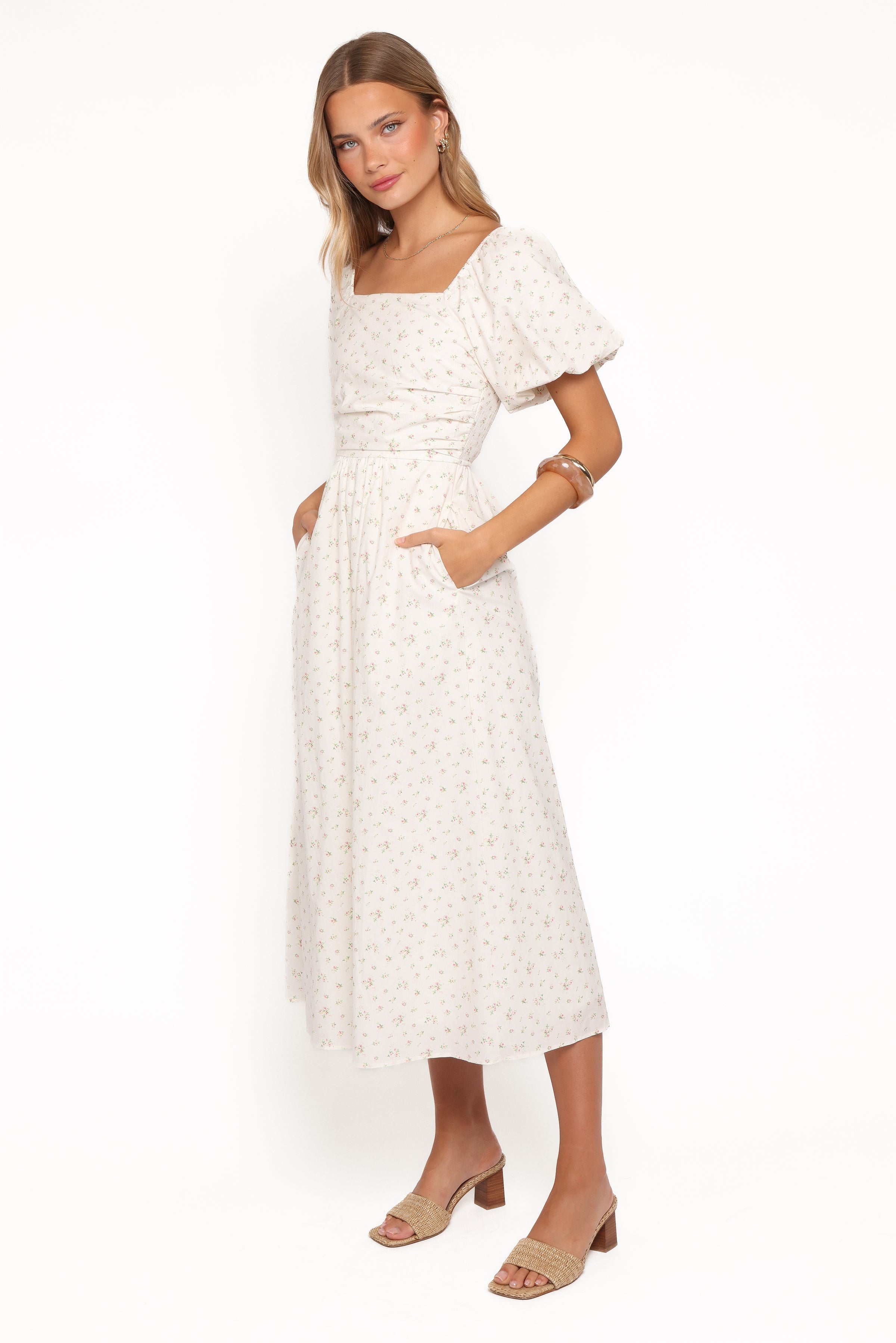 DRESSES Clo Puff Sleeve Midi Dress - White Betty