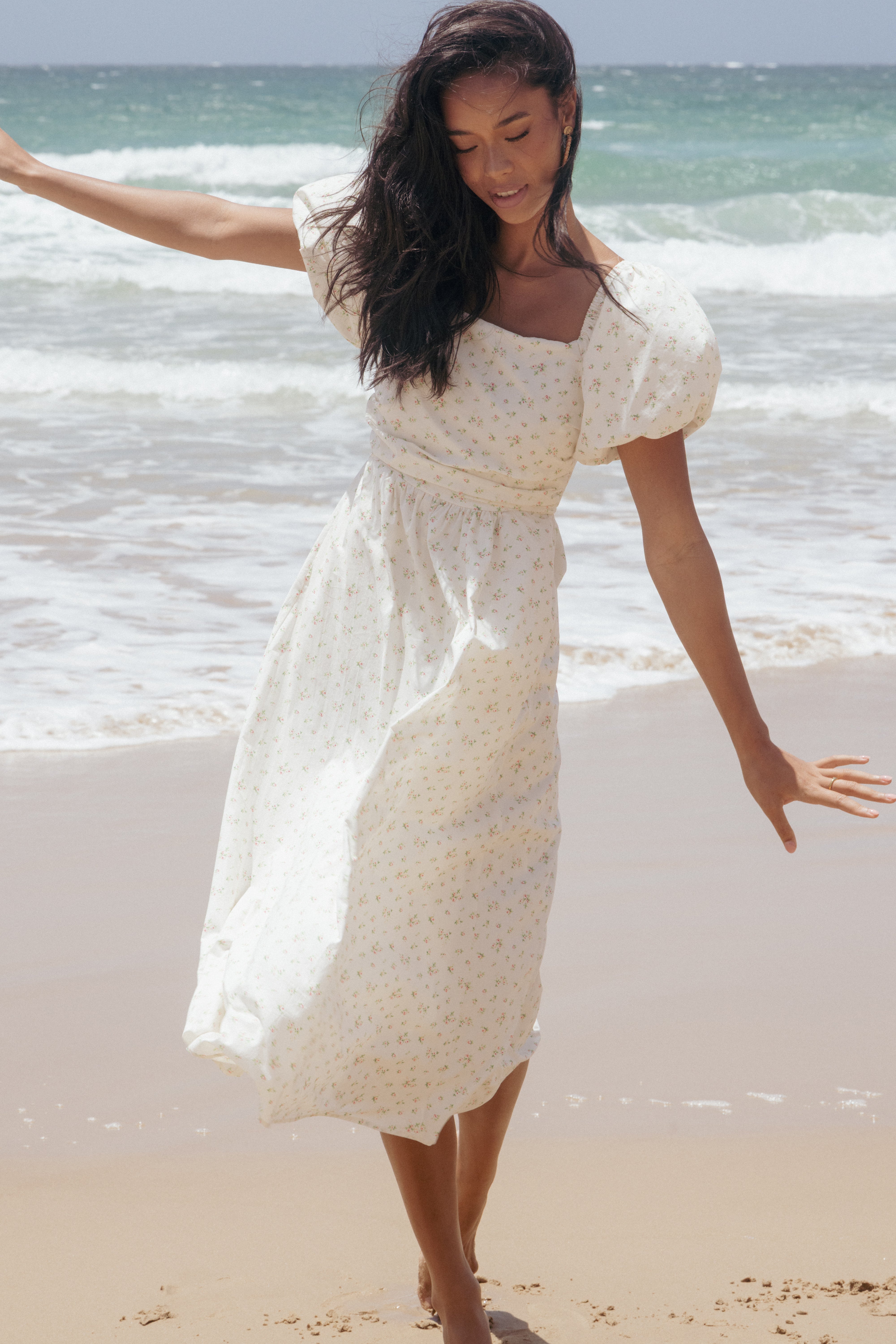 DRESSES Clo Puff Sleeve Midi Dress - White Betty