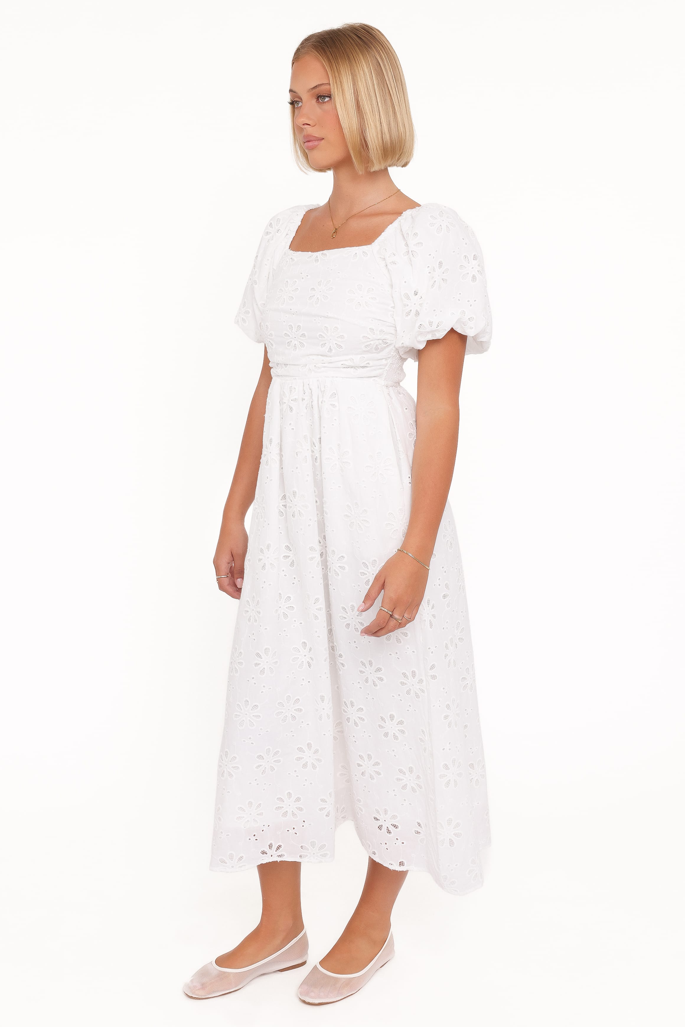 DRESSES Clo Puff Sleeve Midi Dress - White Broderie