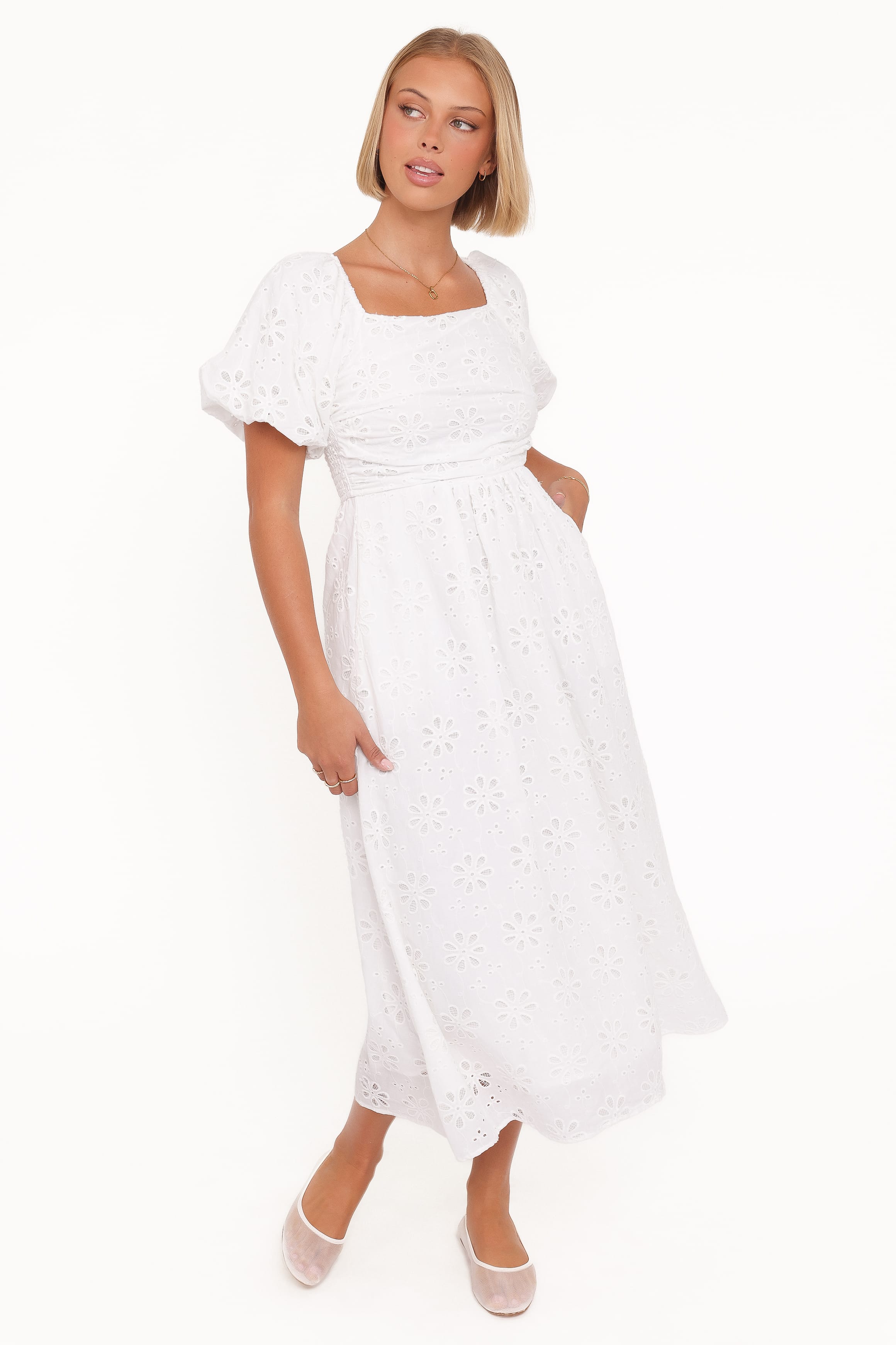 DRESSES Clo Puff Sleeve Midi Dress - White Broderie