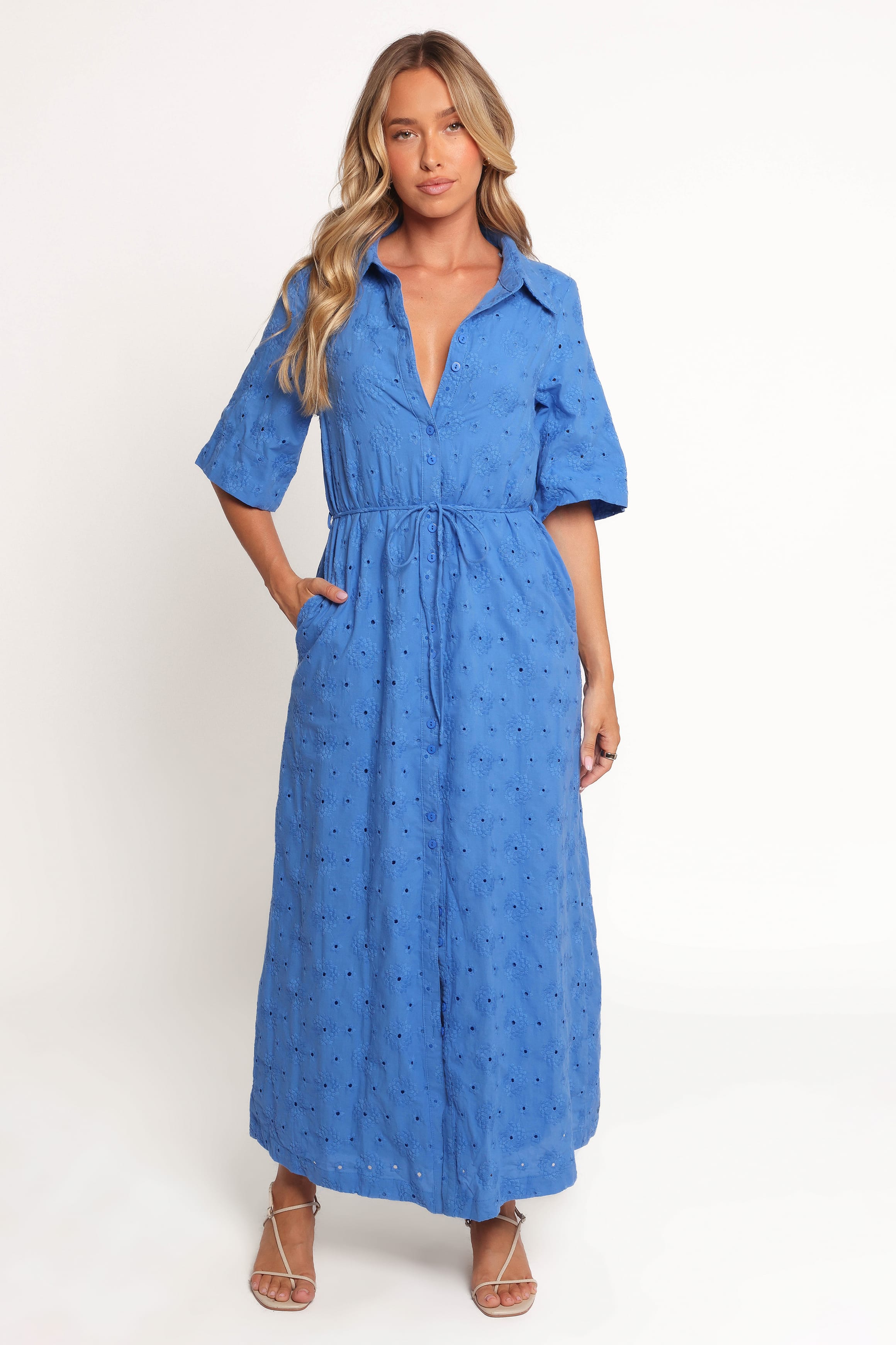 DRESSES Cooper Embroidered Button Through Midi Dress - Cobalt