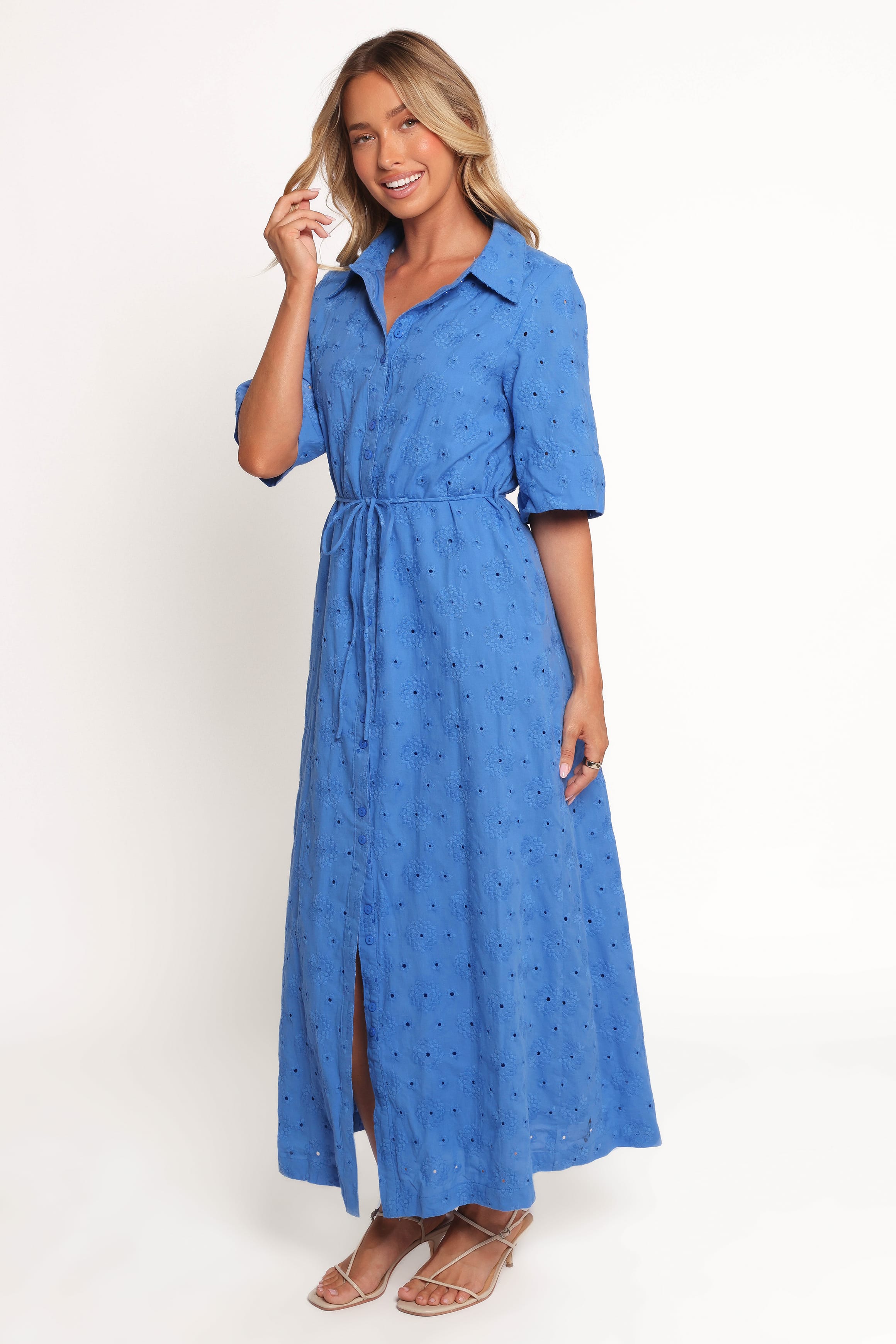 DRESSES Cooper Embroidered Button Through Midi Dress - Cobalt