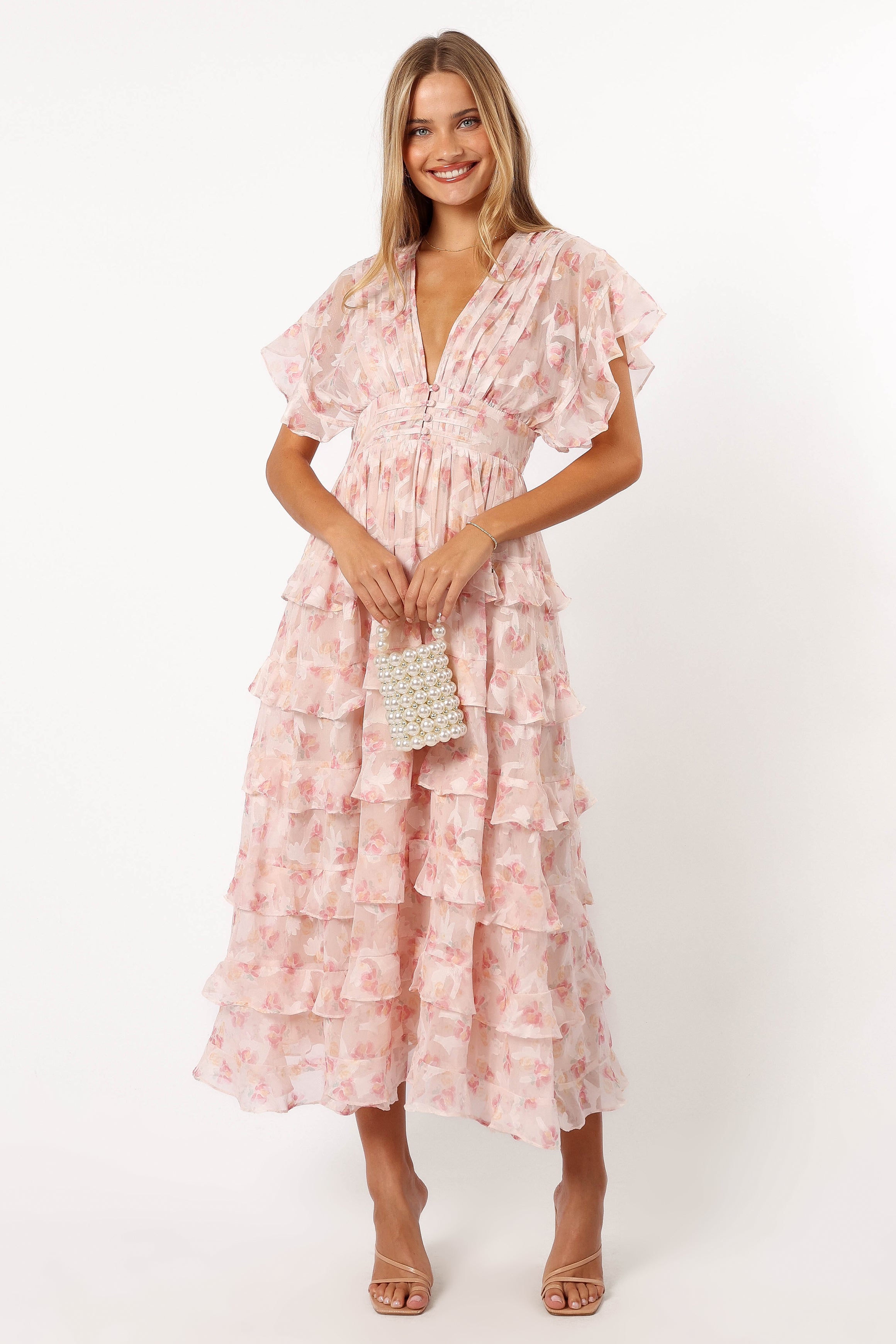 DRESSES @Daphne Ruffle Midi Dress - Pink Orange
