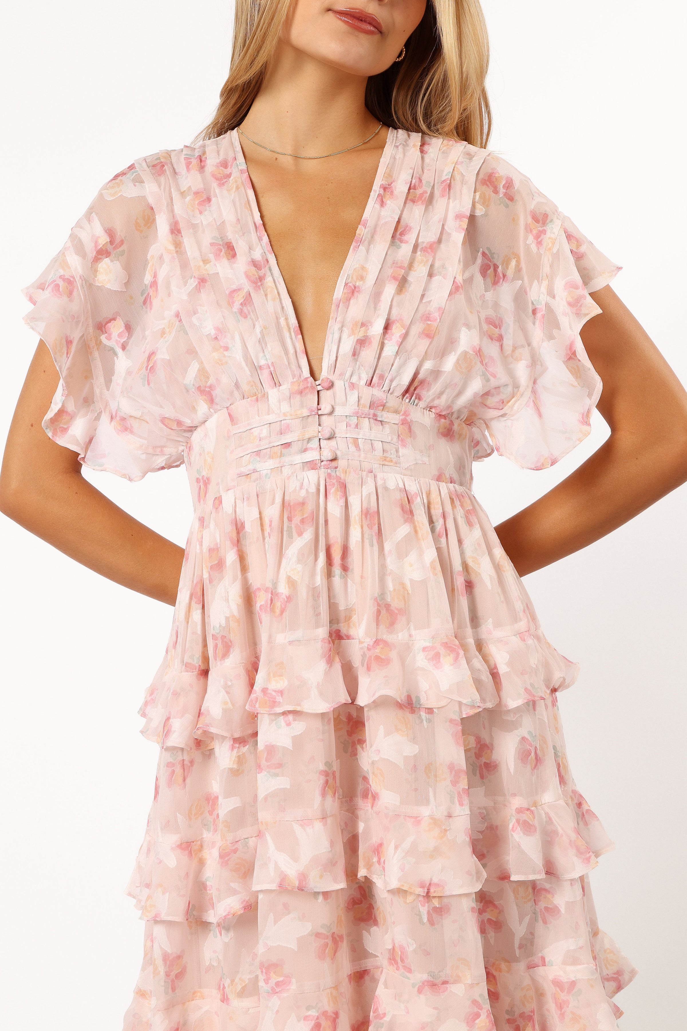 DRESSES @Daphne Ruffle Midi Dress - Pink Orange