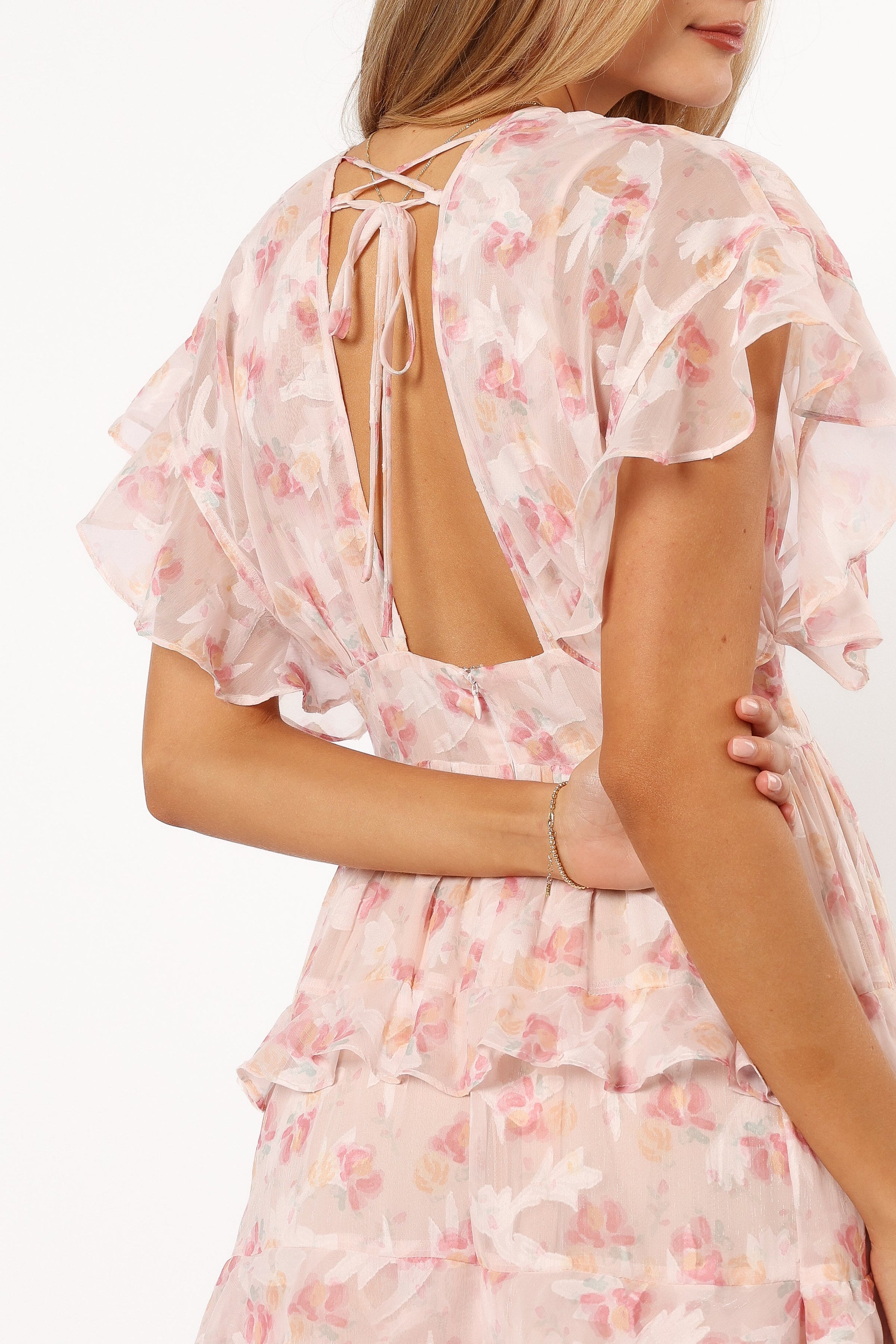 DRESSES @Daphne Ruffle Midi Dress - Pink Orange