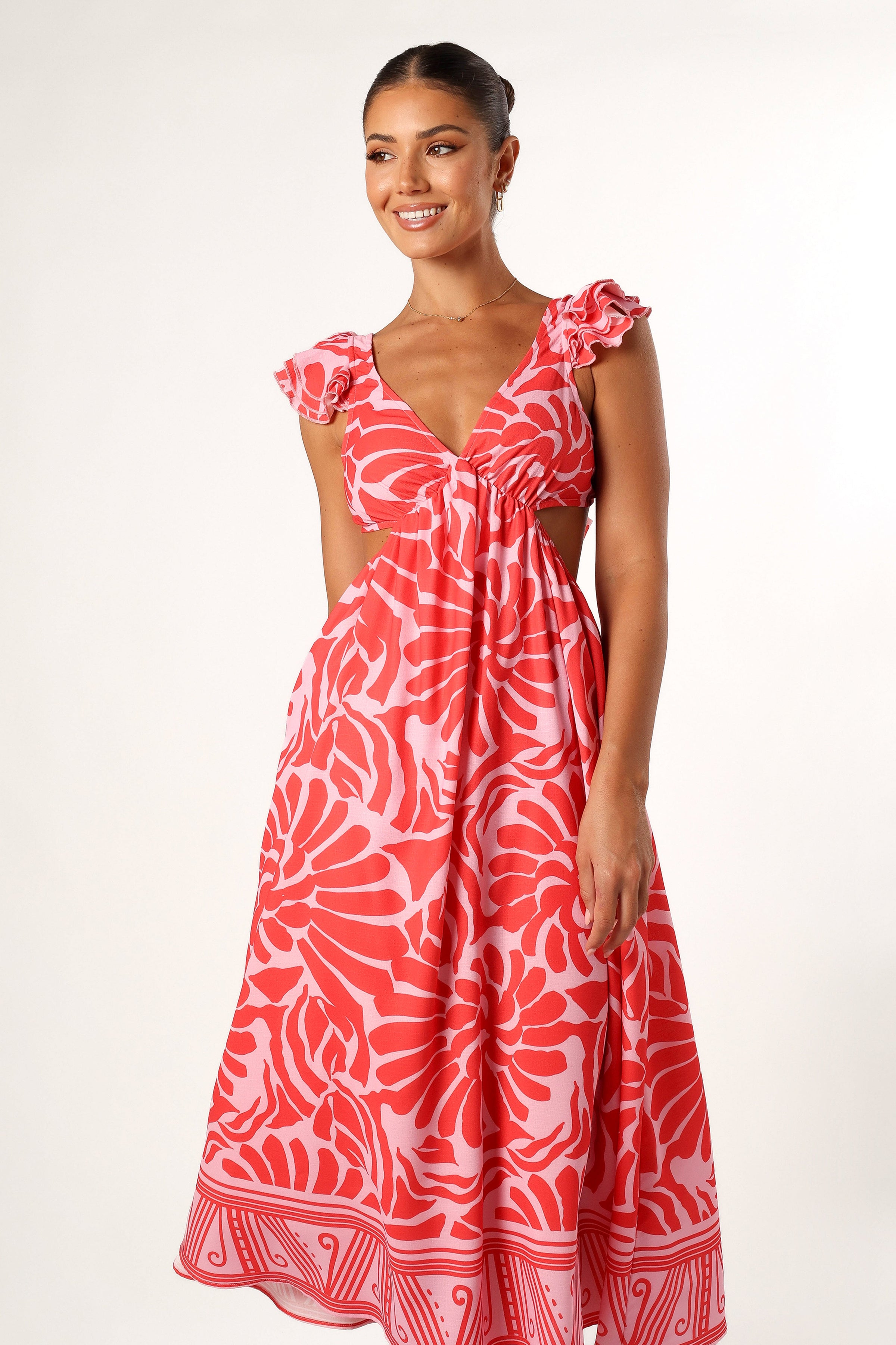 DRESSES @Denali Midi Dress - Red Pink Print