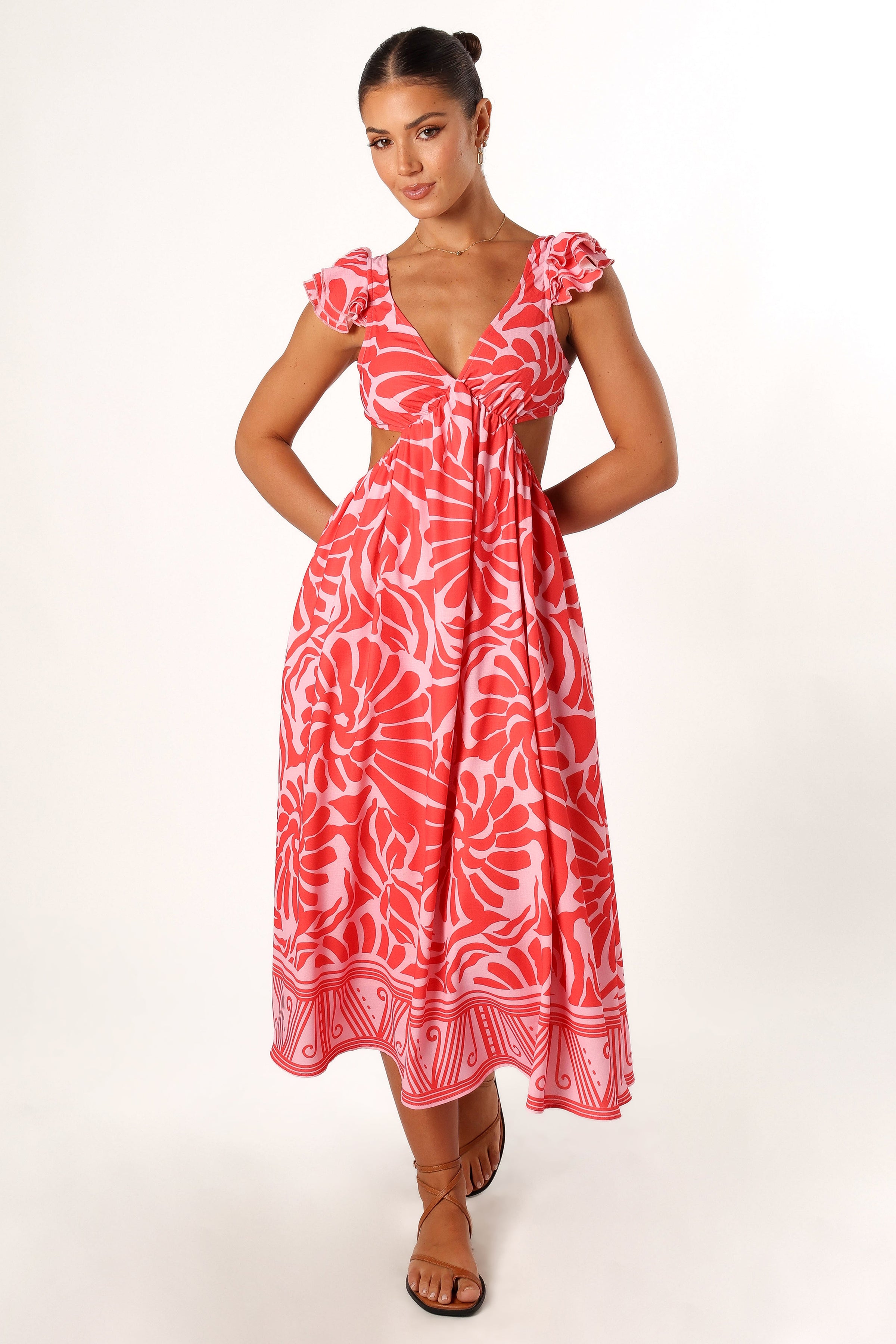 DRESSES @Denali Midi Dress - Red Pink Print
