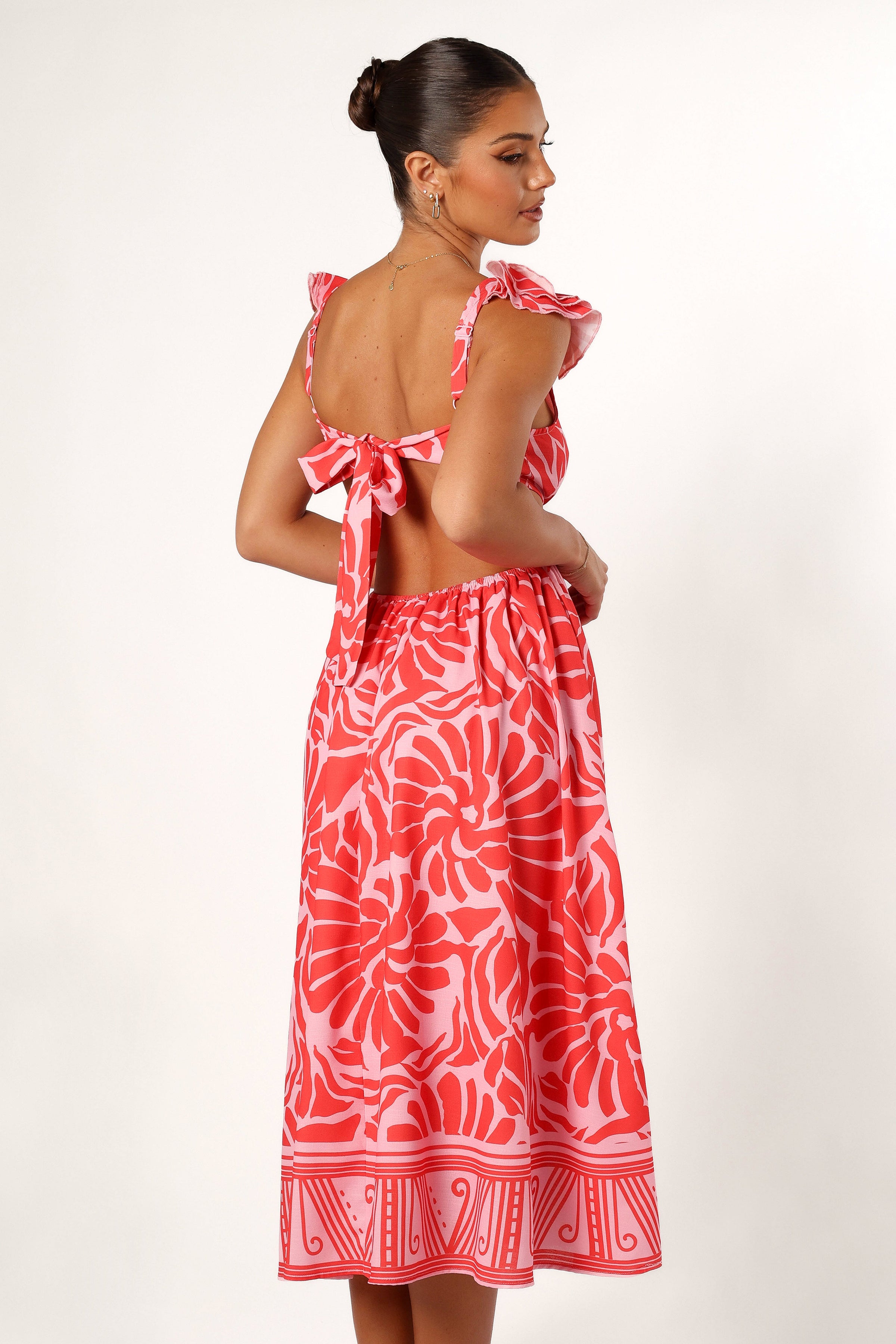 DRESSES @Denali Midi Dress - Red Pink Print