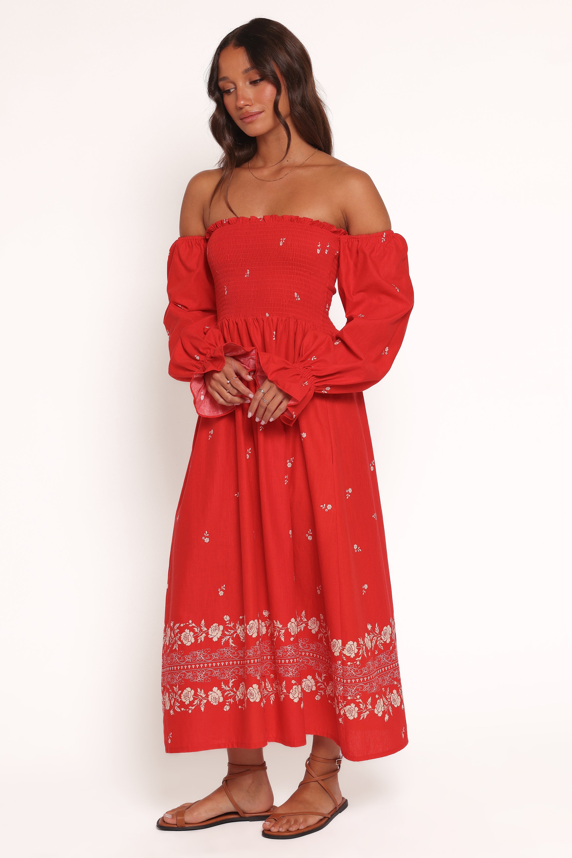 DRESSES Domenica Shirred Long Sleeve Midi Dress - Red Floral Bandana