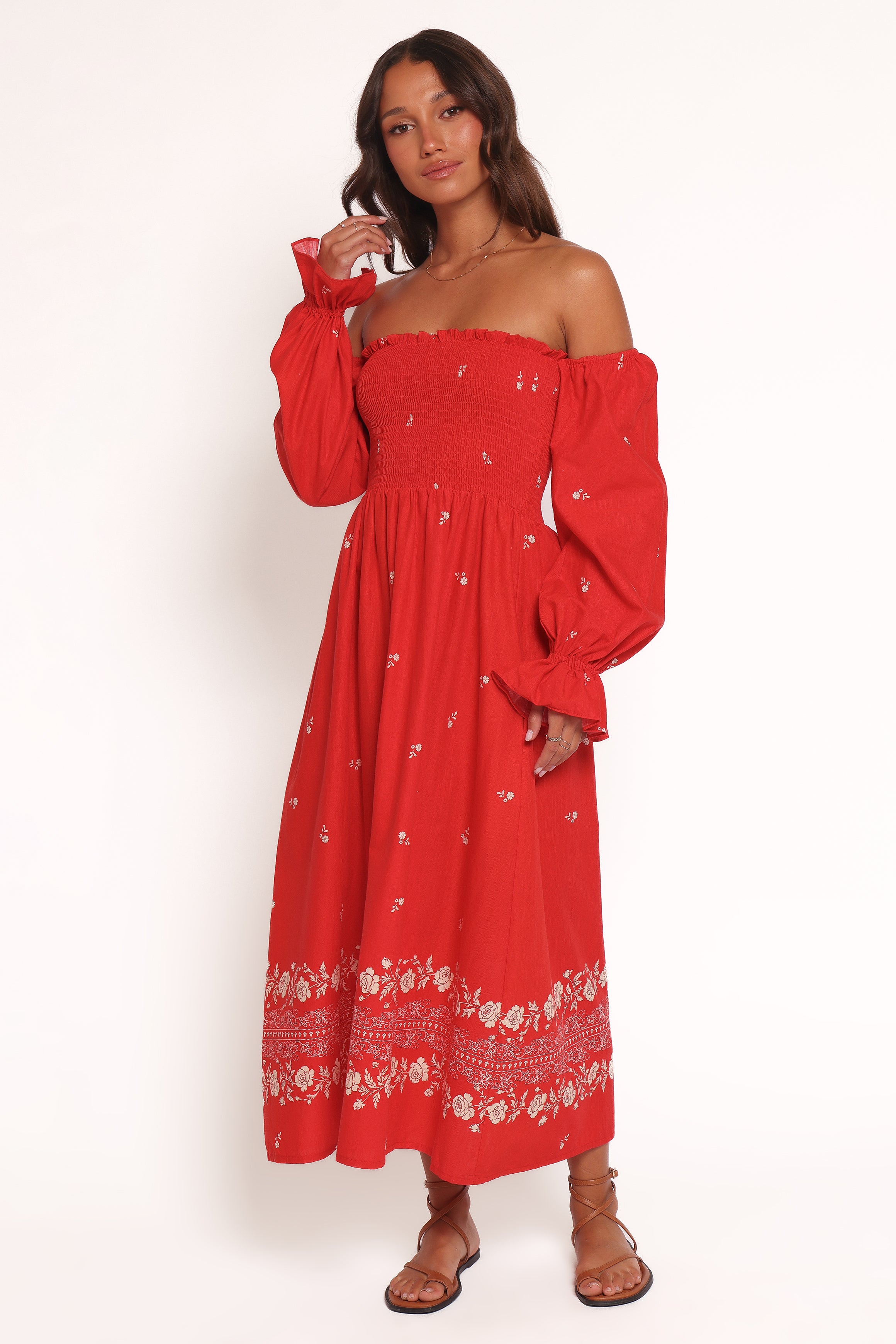DRESSES Domenica Shirred Long Sleeve Midi Dress - Red Floral Bandana