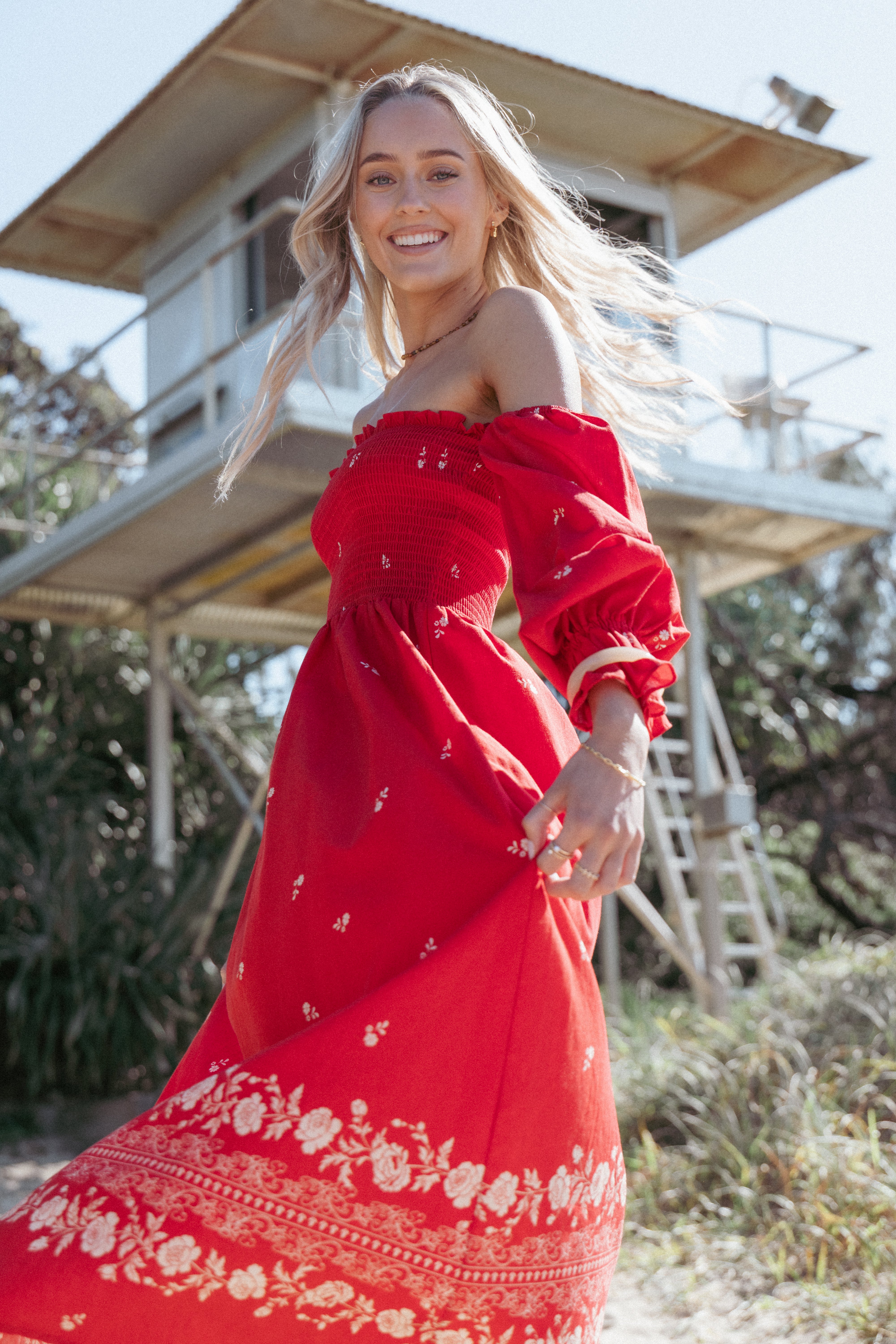 DRESSES Domenica Shirred Long Sleeve Midi Dress - Red Floral Bandana
