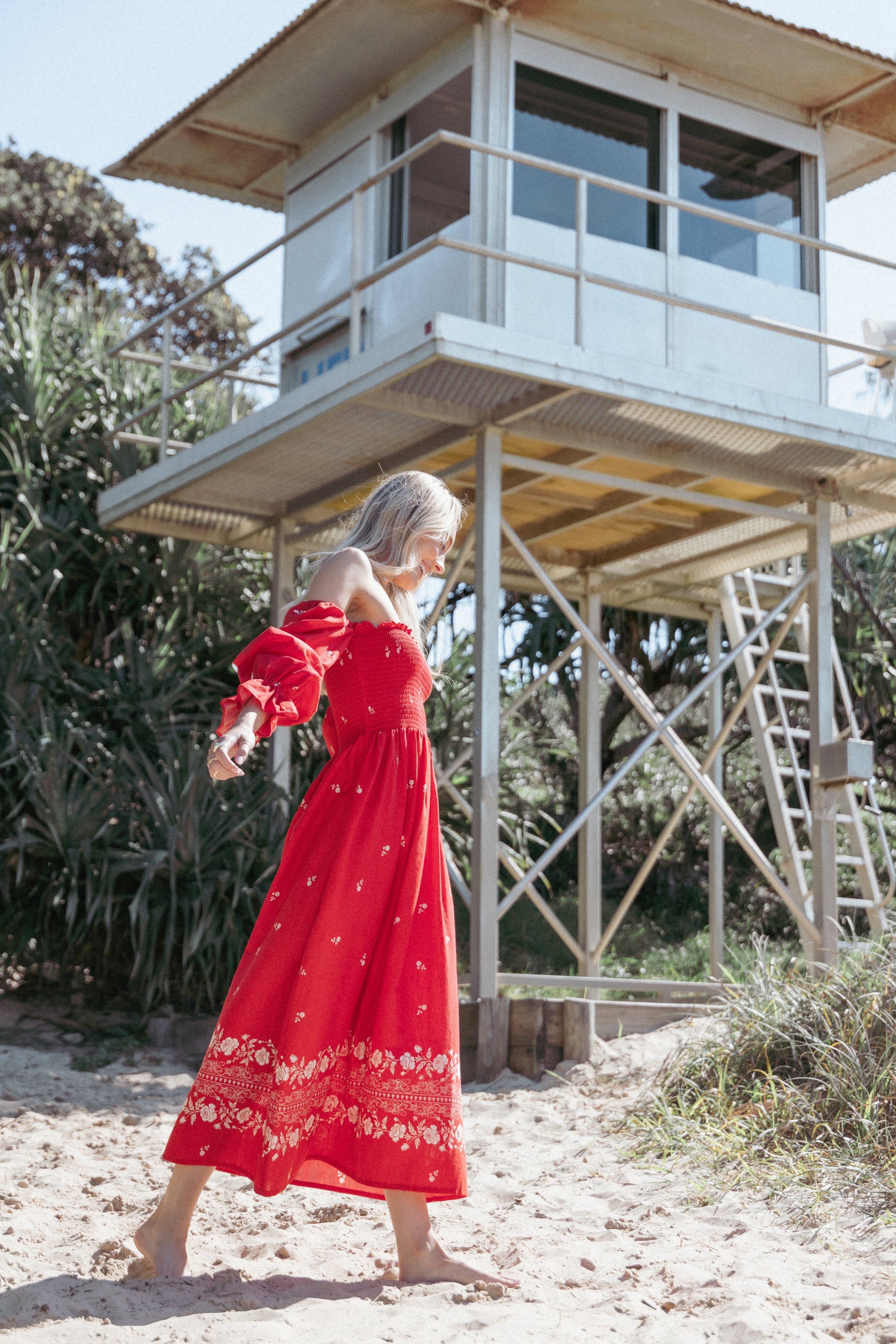 DRESSES Domenica Shirred Long Sleeve Midi Dress - Red Floral Bandana