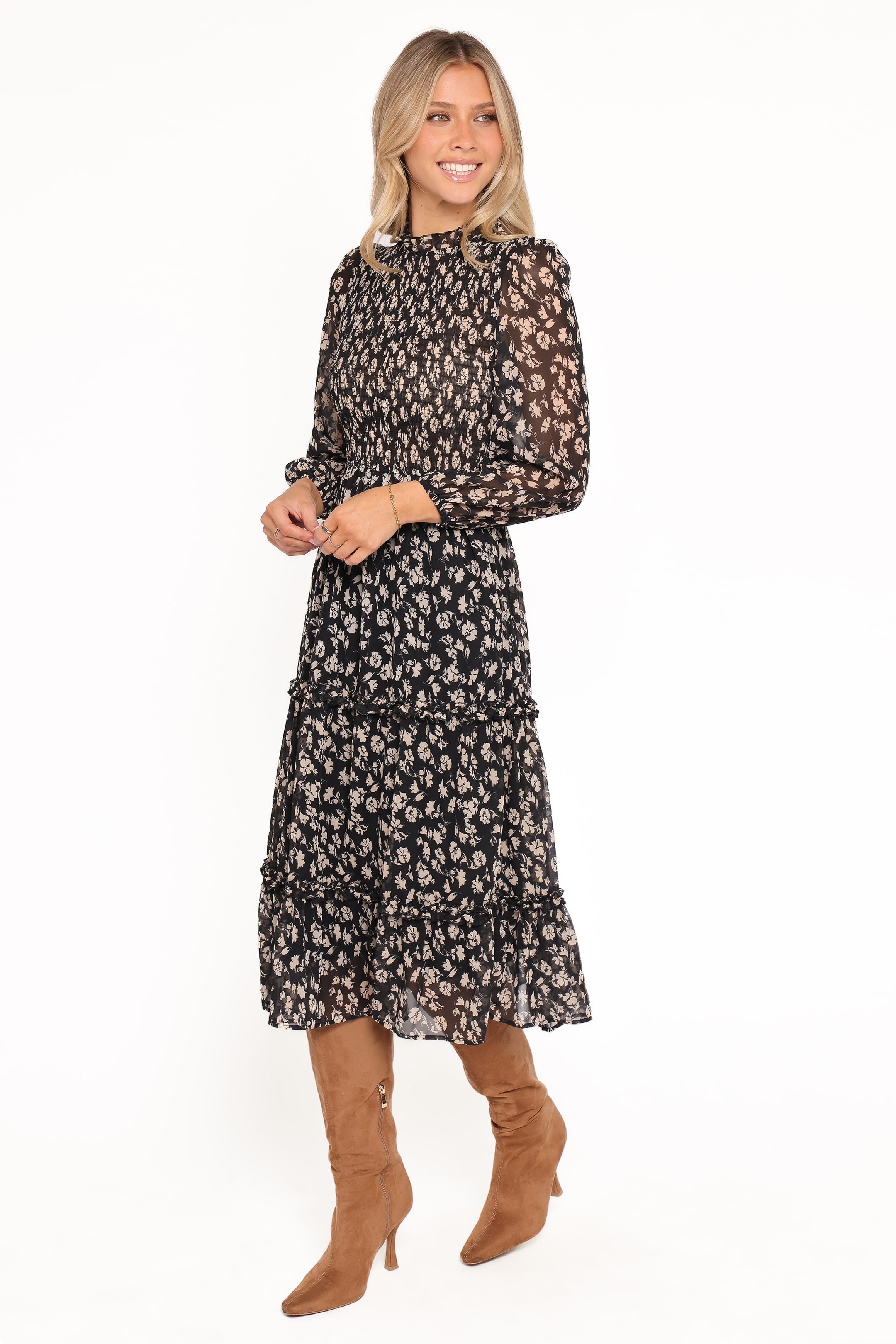 DRESSES Edwina Shirred Frill Long Sleeve Midi Dress - Black Ditsy Floral