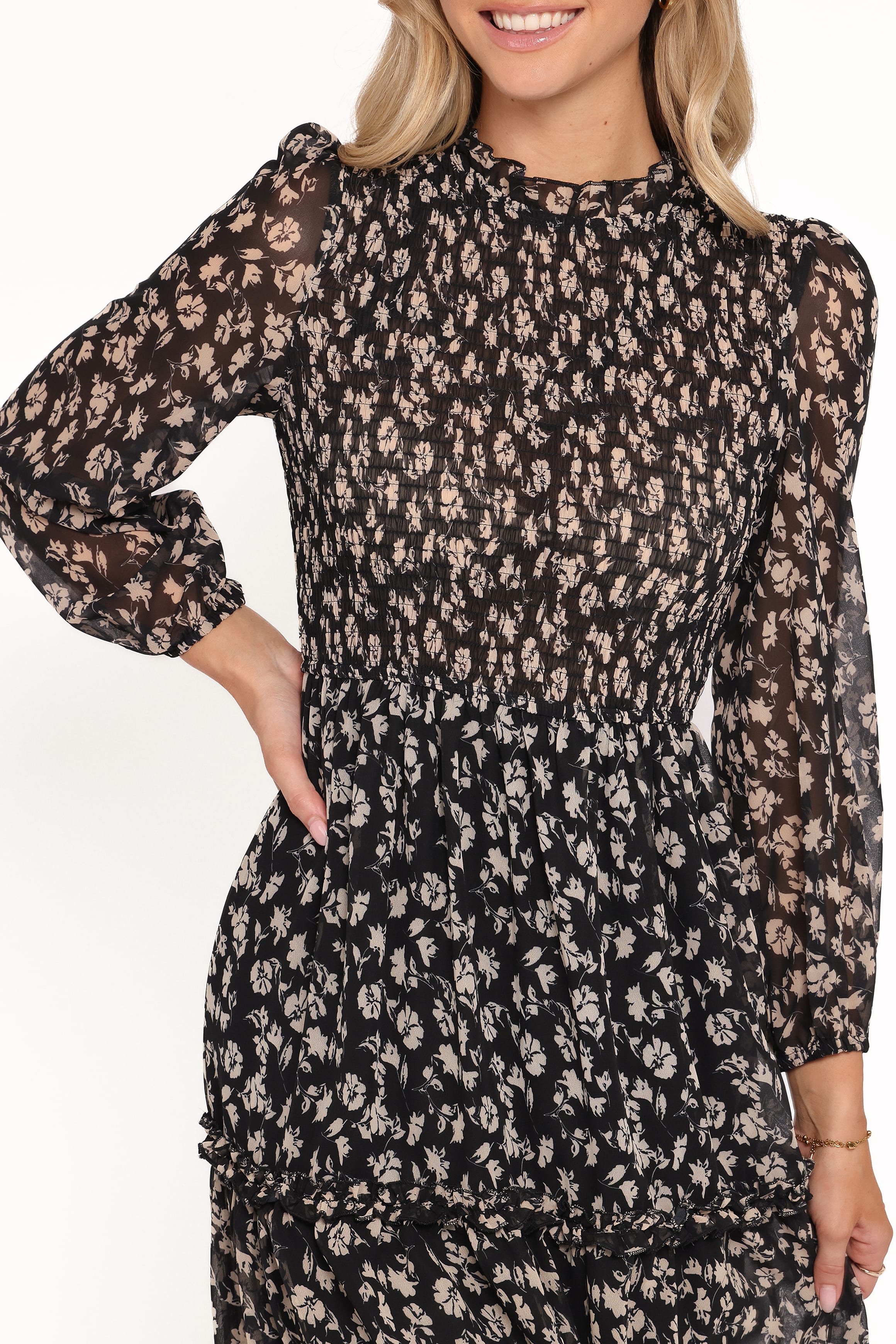 DRESSES Edwina Shirred Frill Long Sleeve Midi Dress - Black Ditsy Floral