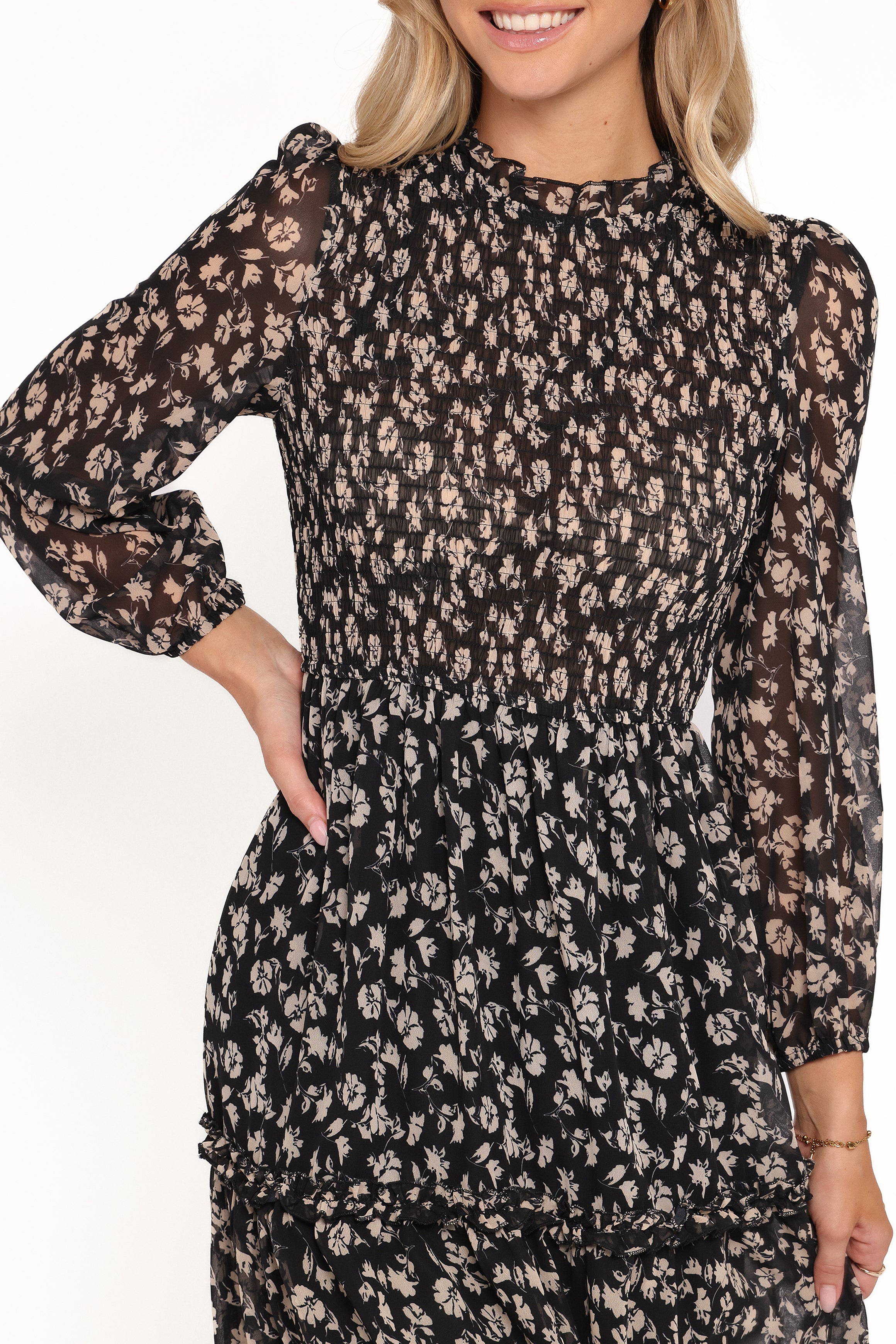 DRESSES Edwina Shirred Frill Long Sleeve Midi Dress - Black Ditsy Floral