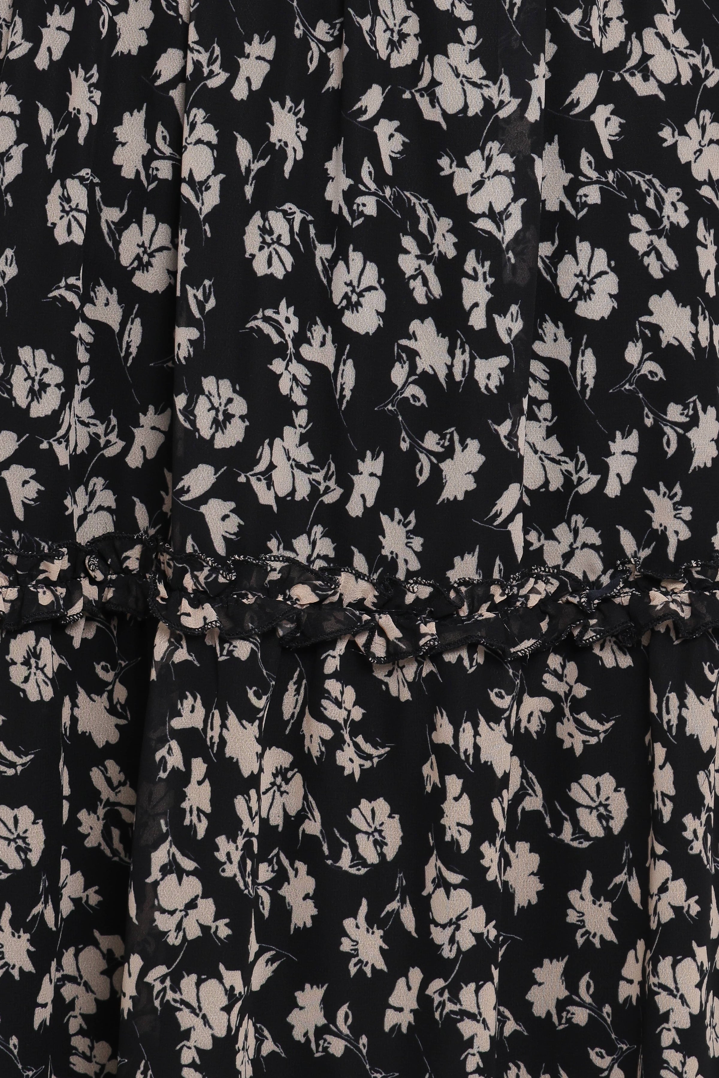 DRESSES Edwina Shirred Frill Long Sleeve Midi Dress - Black Ditsy Floral