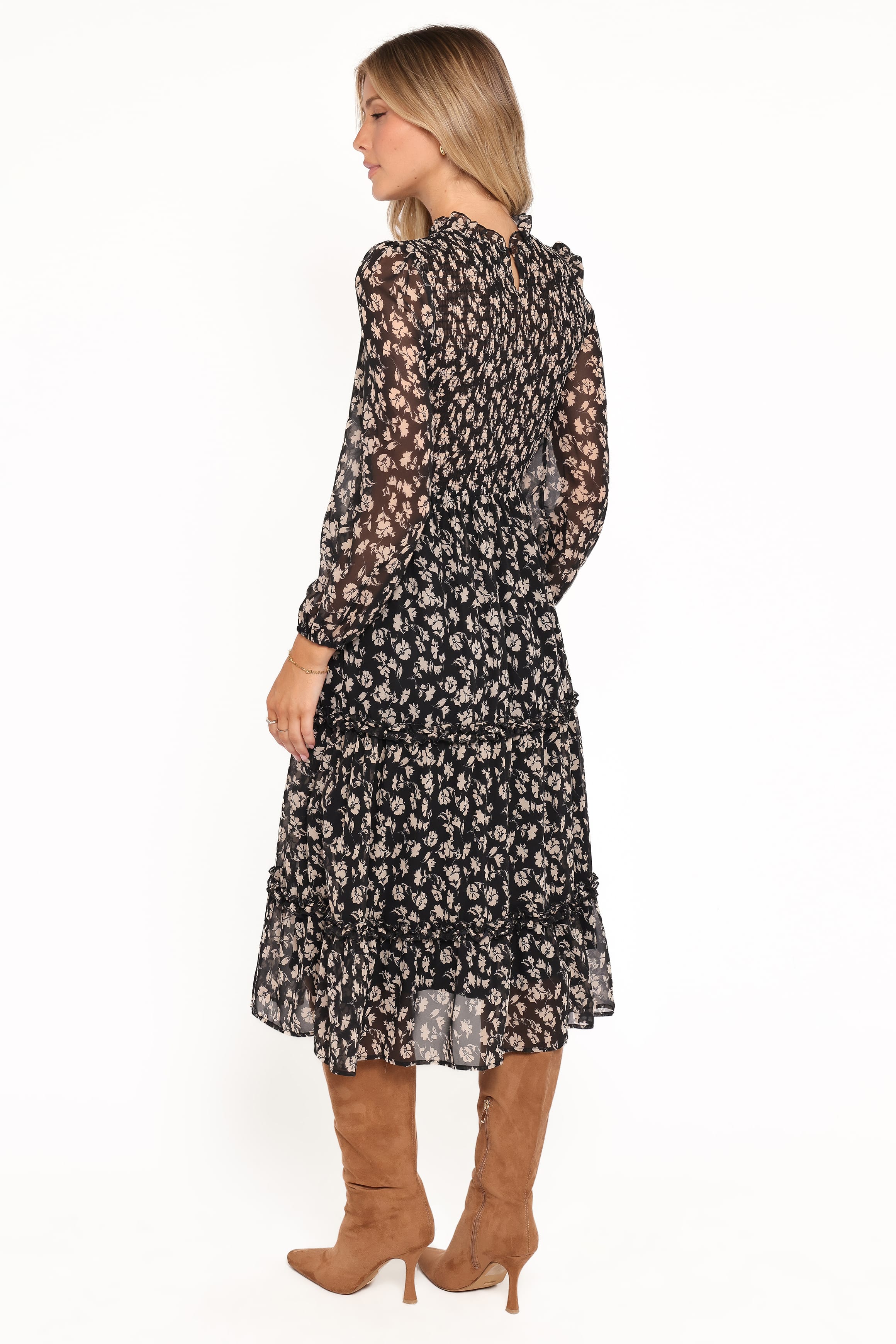 DRESSES Edwina Shirred Frill Long Sleeve Midi Dress - Black Ditsy Floral