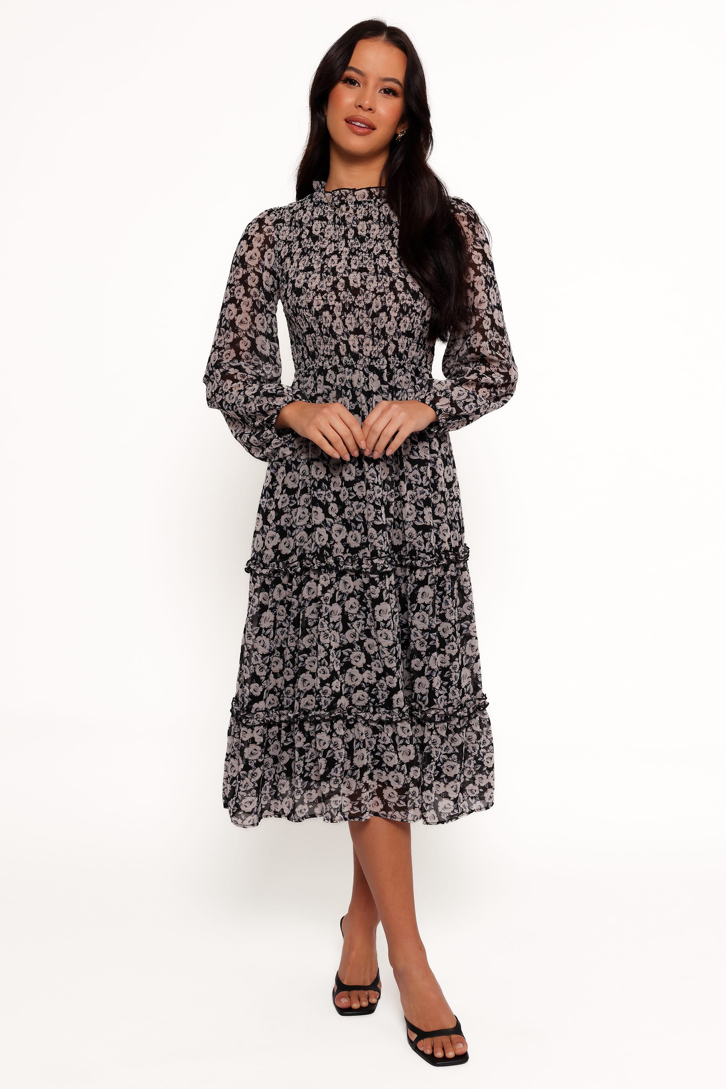 DRESSES Edwina Shirred Frill Long Sleeve Midi Dress - Black Floral