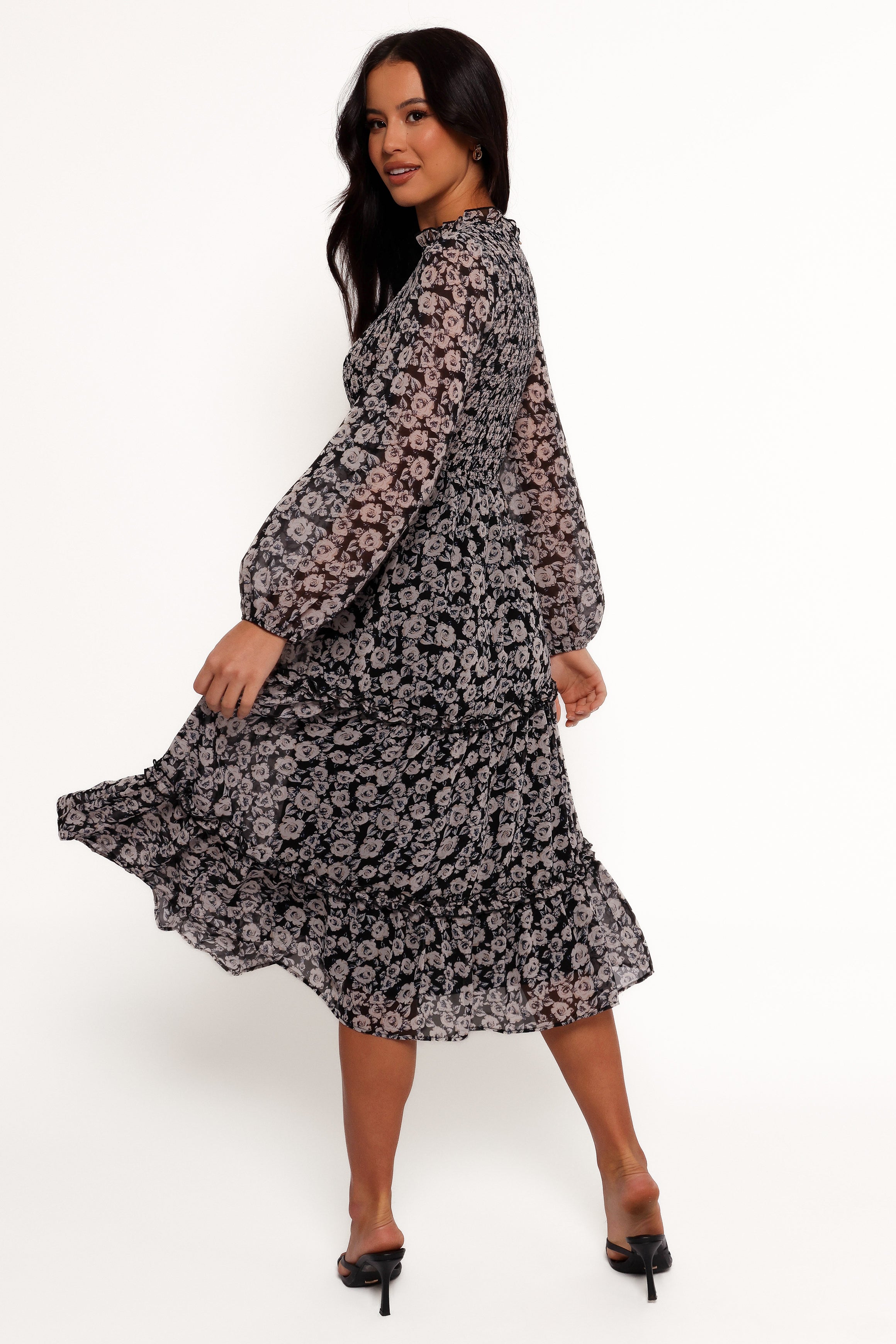 DRESSES Edwina Shirred Frill Long Sleeve Midi Dress - Black Floral