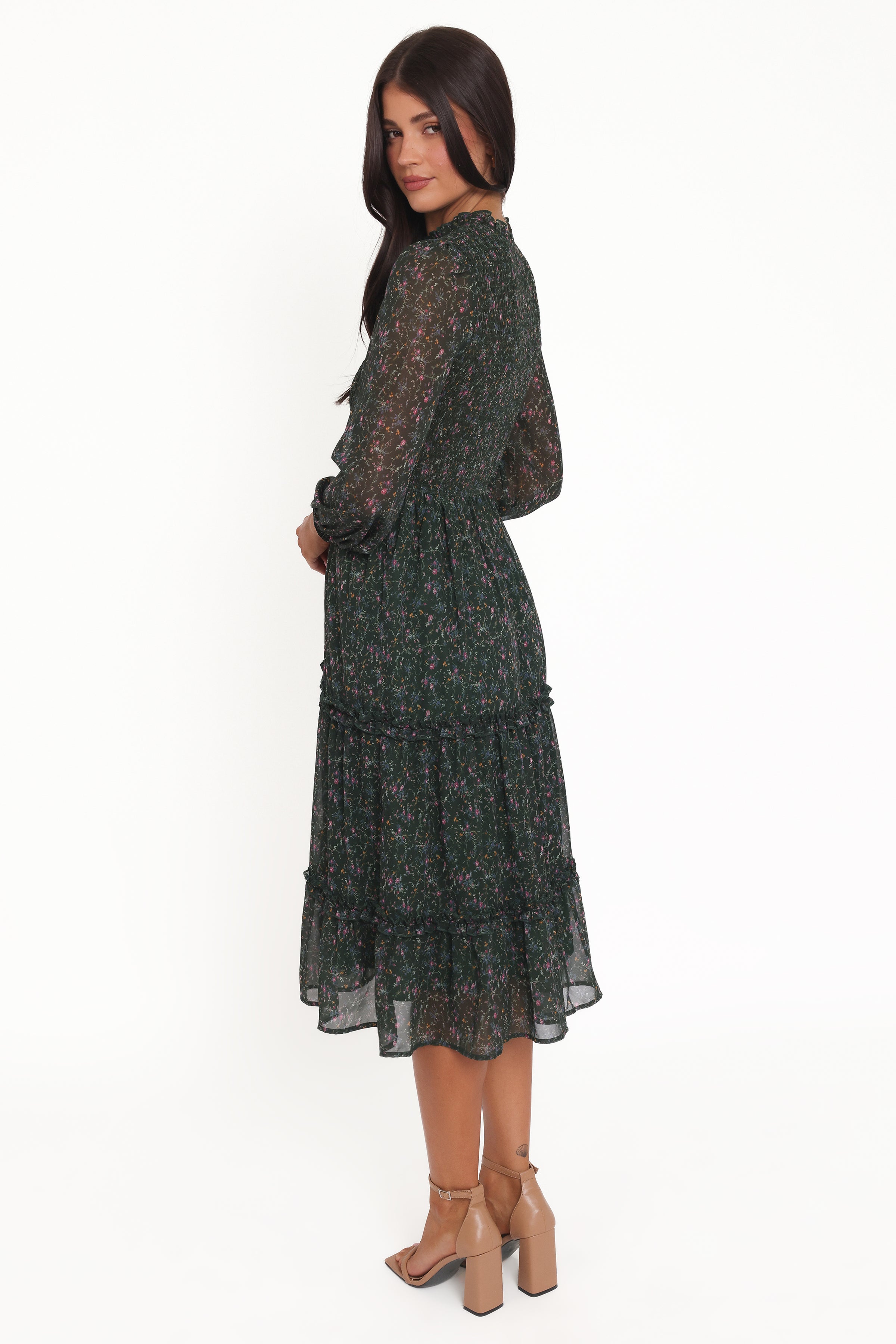 DRESSES Edwina Shirred Frill Long Sleeve Midi Dress - Olive Floral