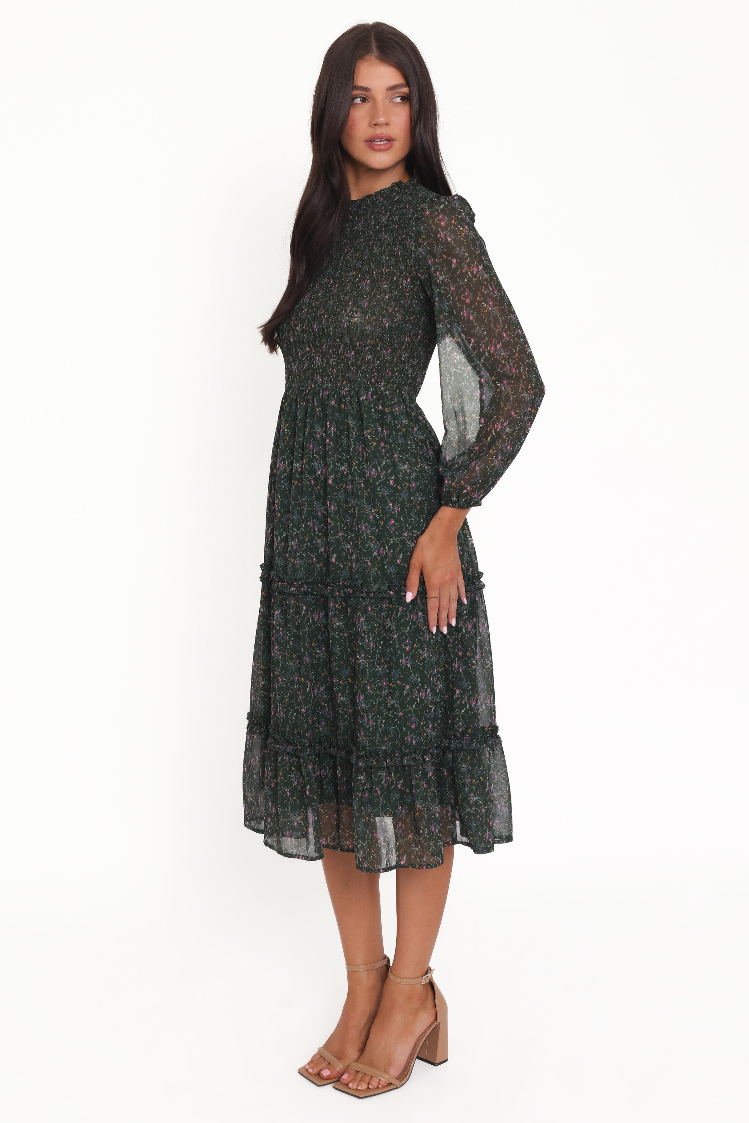 DRESSES Edwina Shirred Frill Long Sleeve Midi Dress - Olive Floral