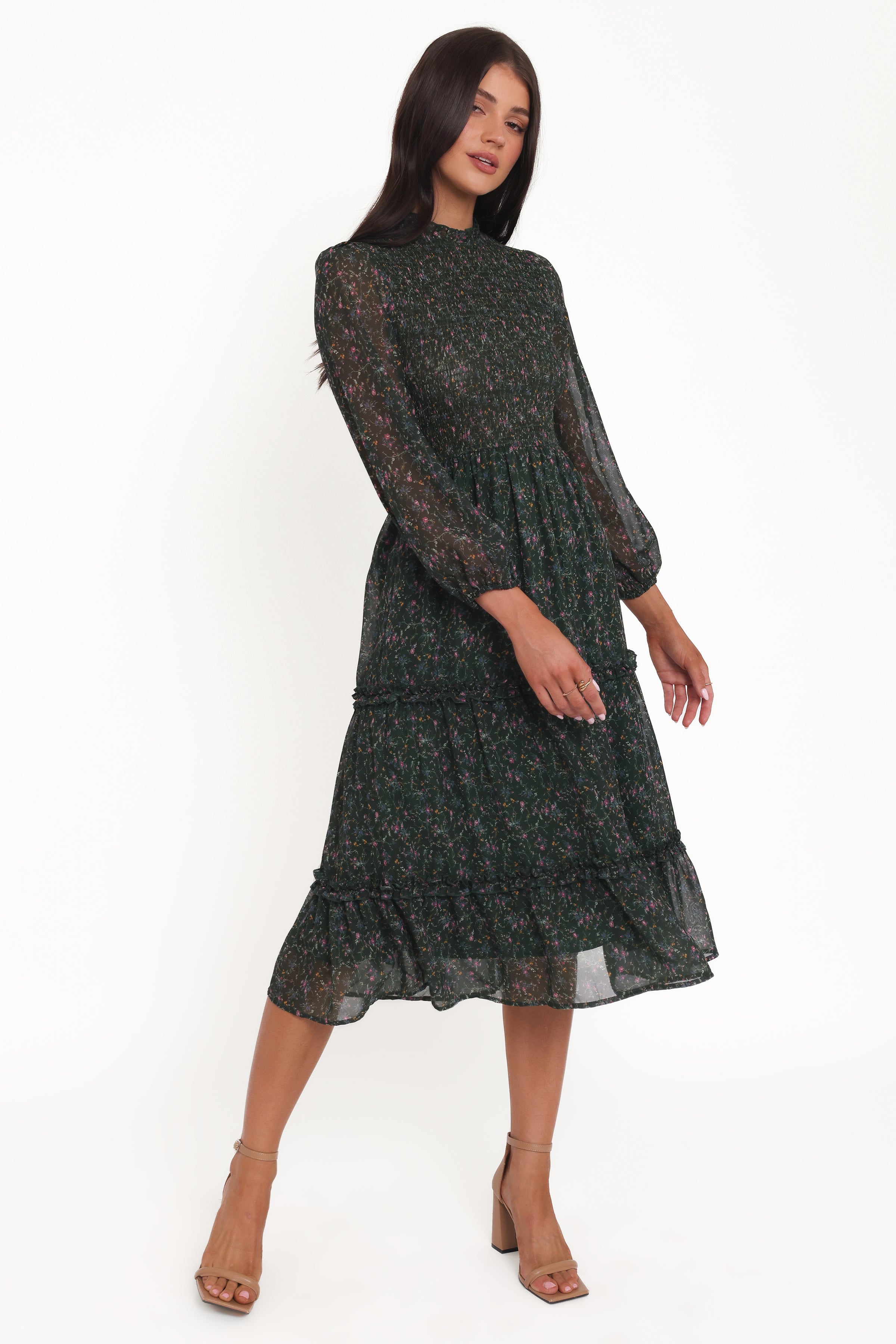 DRESSES Edwina Shirred Frill Long Sleeve Midi Dress - Olive Floral