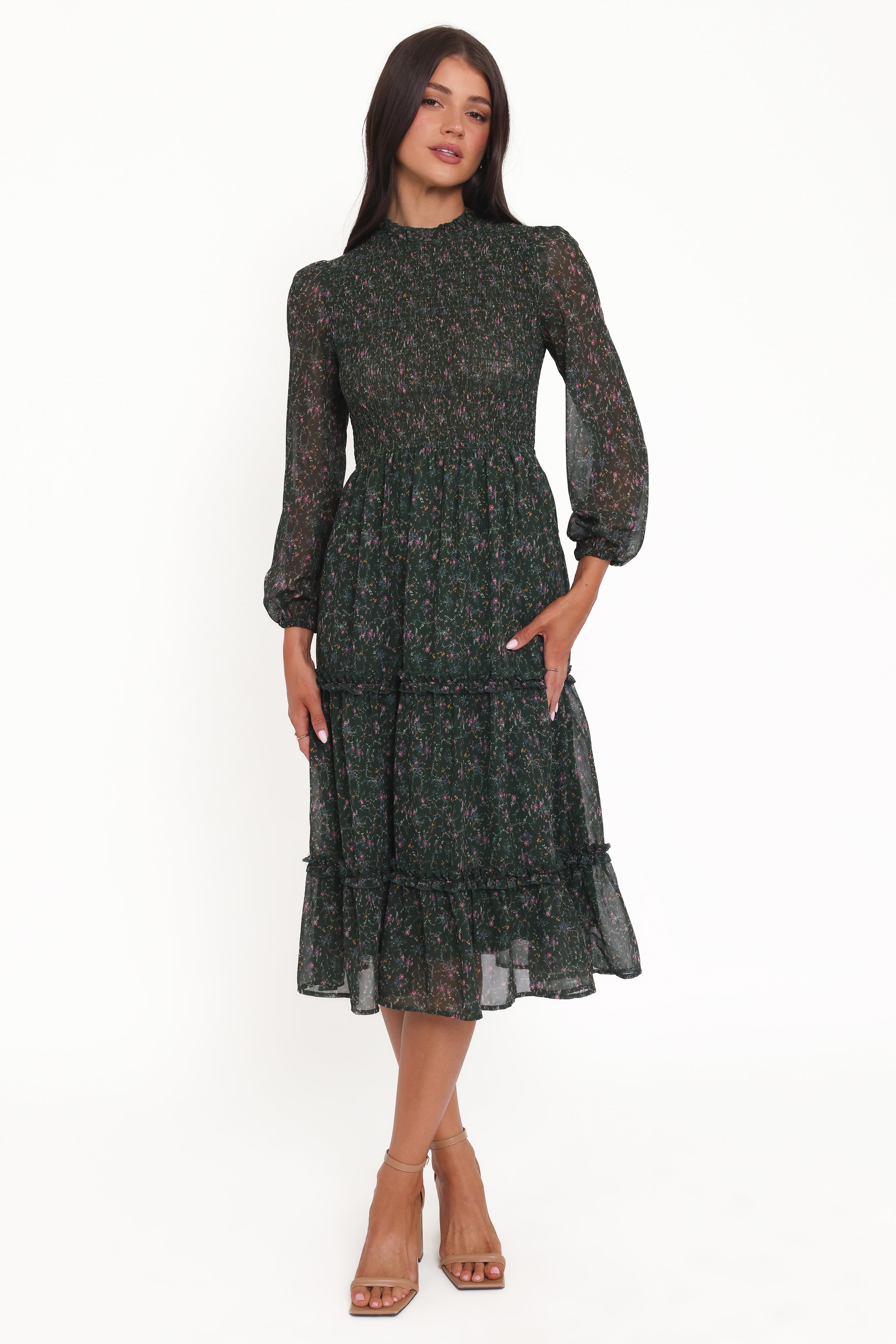 DRESSES Edwina Shirred Frill Long Sleeve Midi Dress - Olive Floral