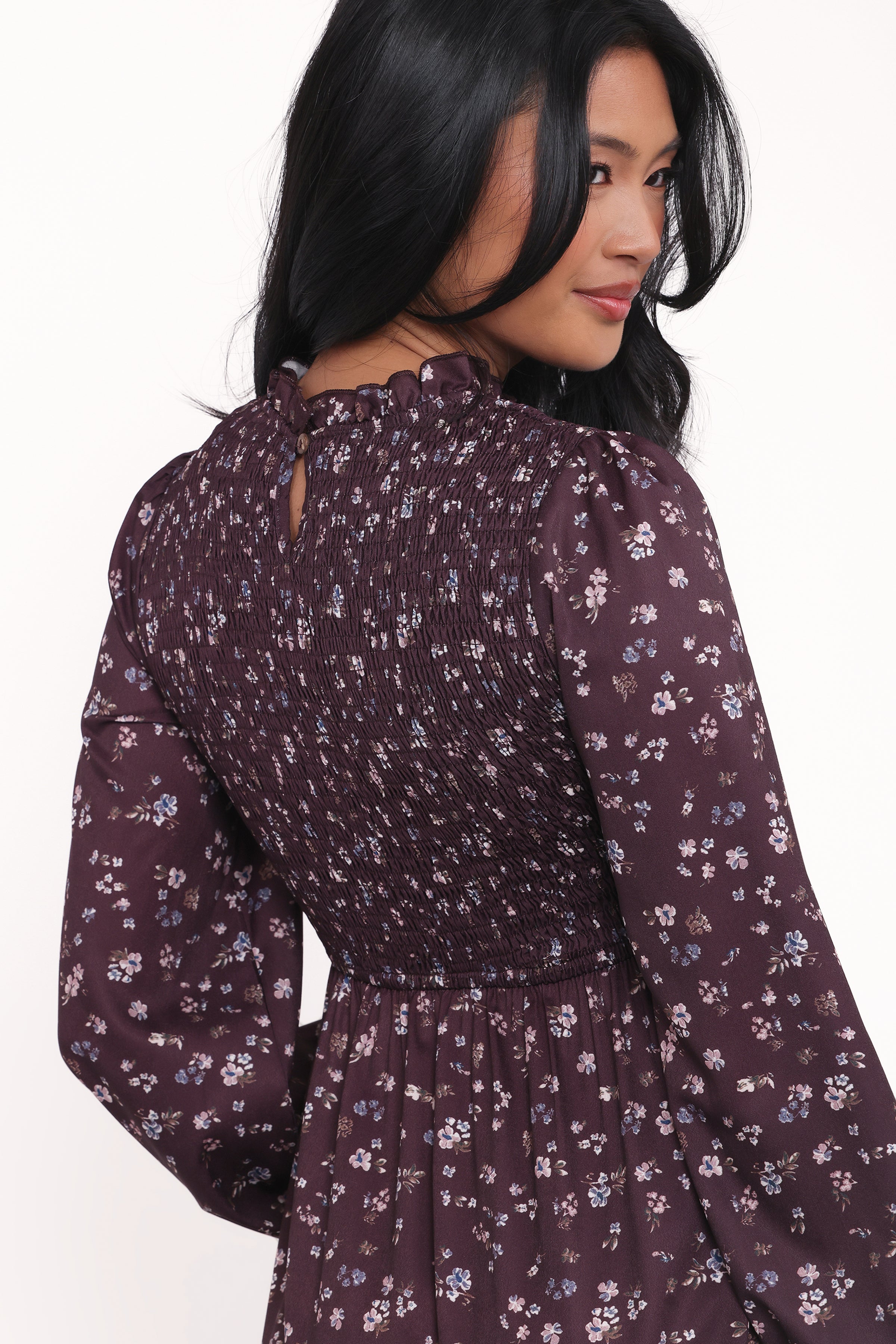 DRESSES Edwina Shirred Frill Long Sleeve Midi Dress - Plum Floral