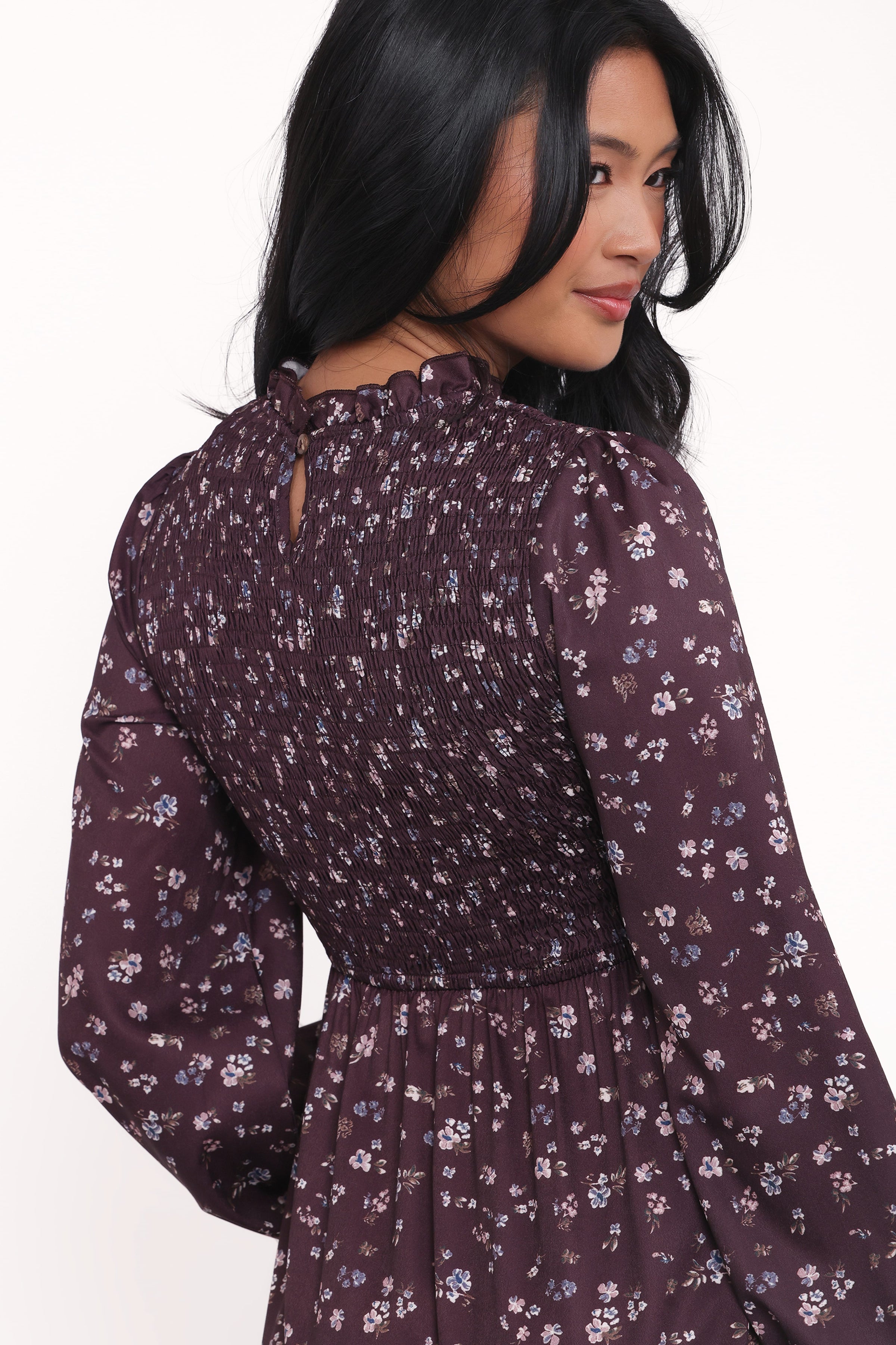 DRESSES Edwina Shirred Frill Long Sleeve Midi Dress - Plum Floral