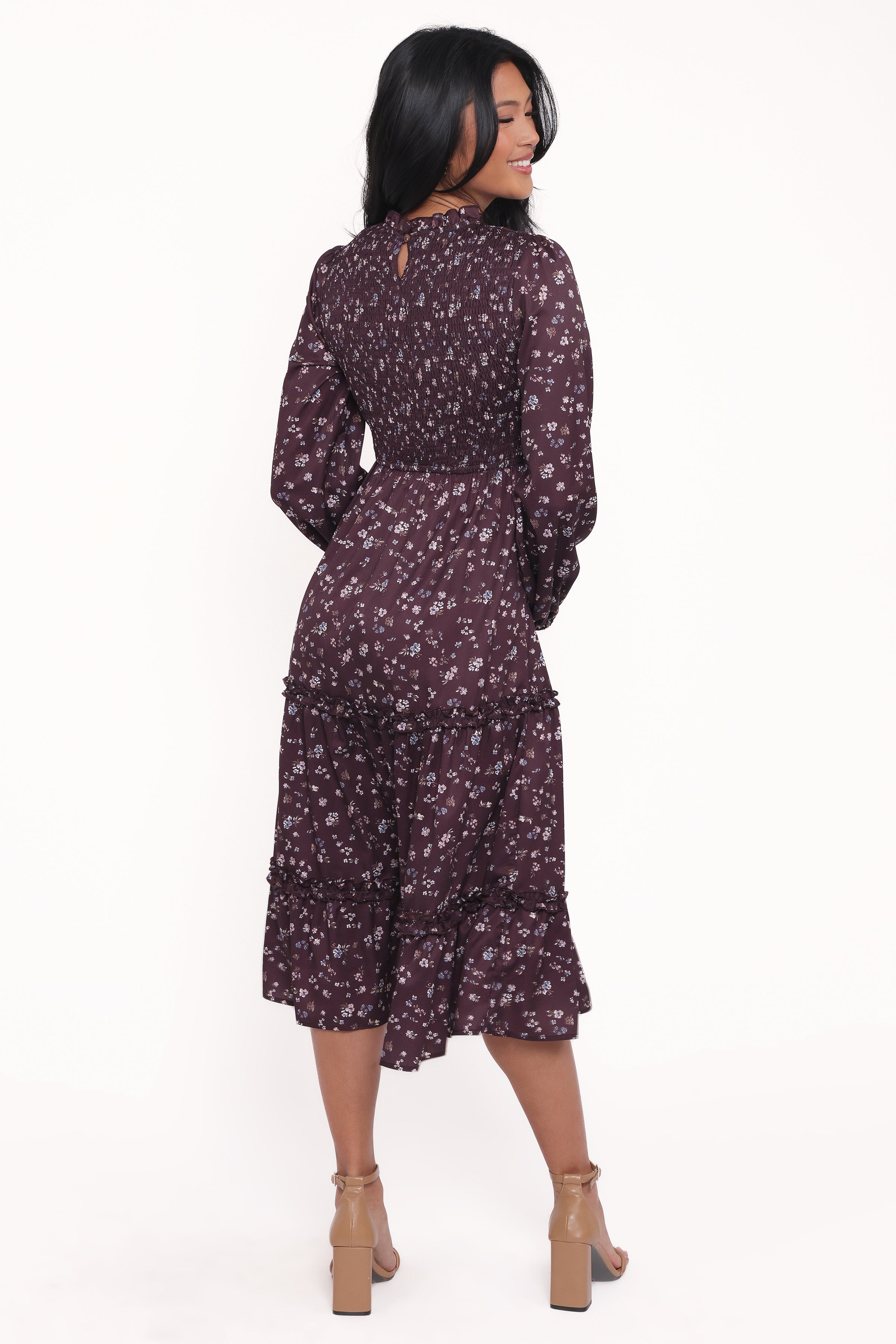 DRESSES Edwina Shirred Frill Long Sleeve Midi Dress - Plum Floral