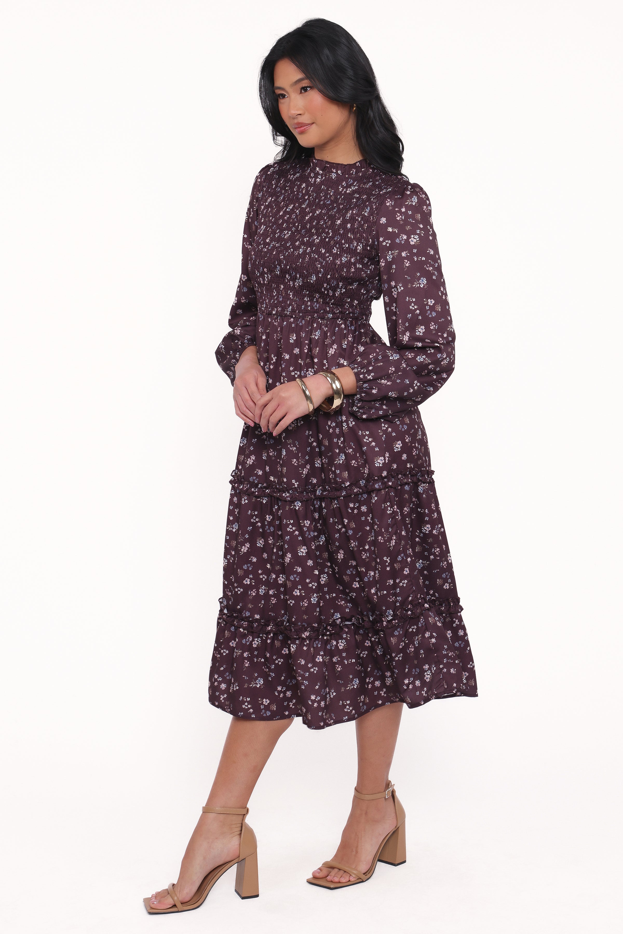 DRESSES Edwina Shirred Frill Long Sleeve Midi Dress - Plum Floral