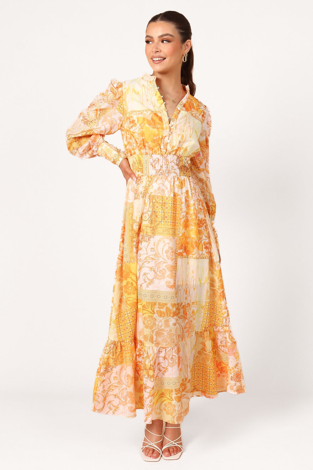 Elements Elastic Waist Long Sleeve Maxi Dress - Mustard - View 5 | Shop Formal Dress