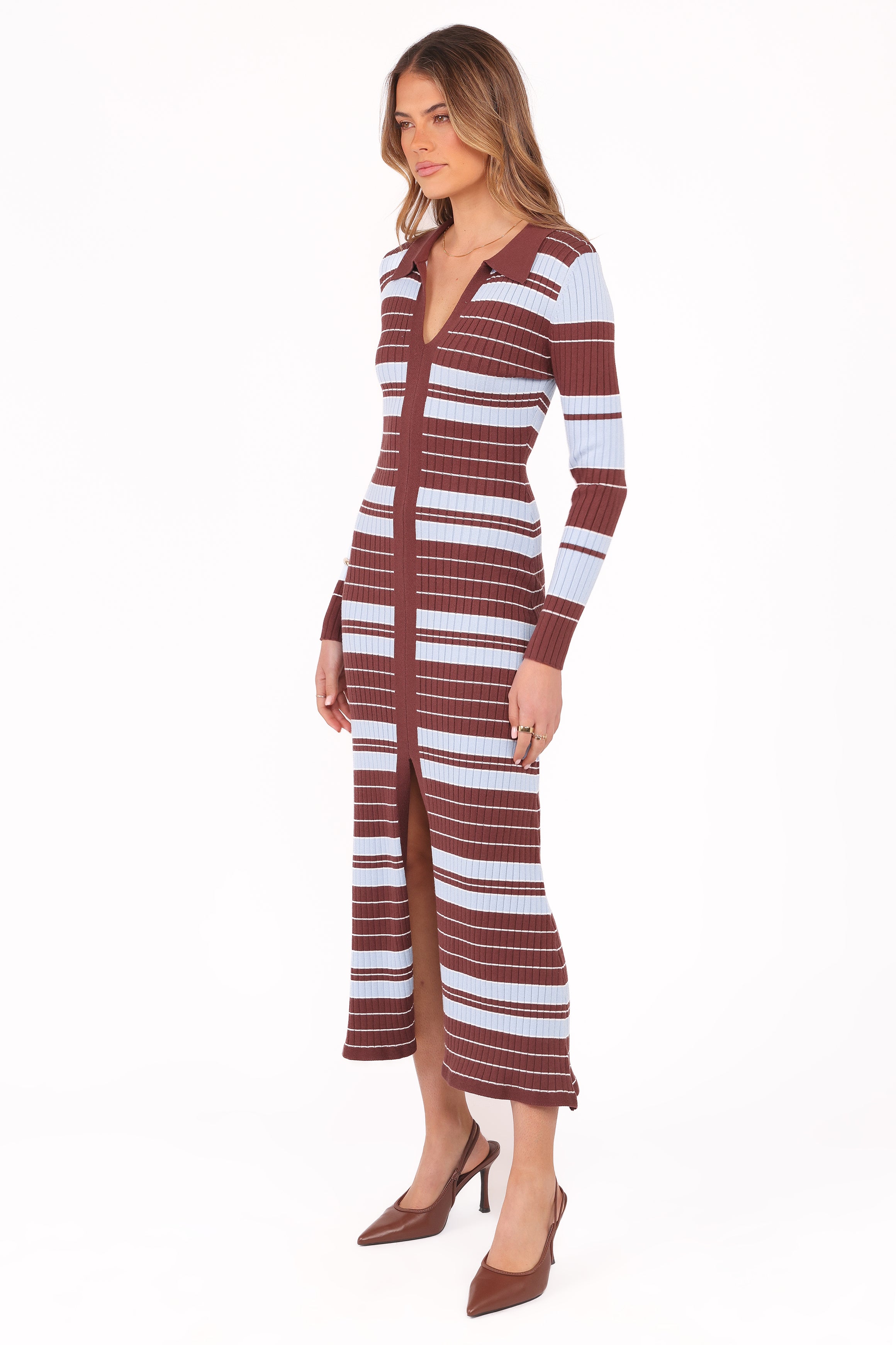 DRESSES Eliana Long Sleeve Midi Dress - Brown Blue Stripe